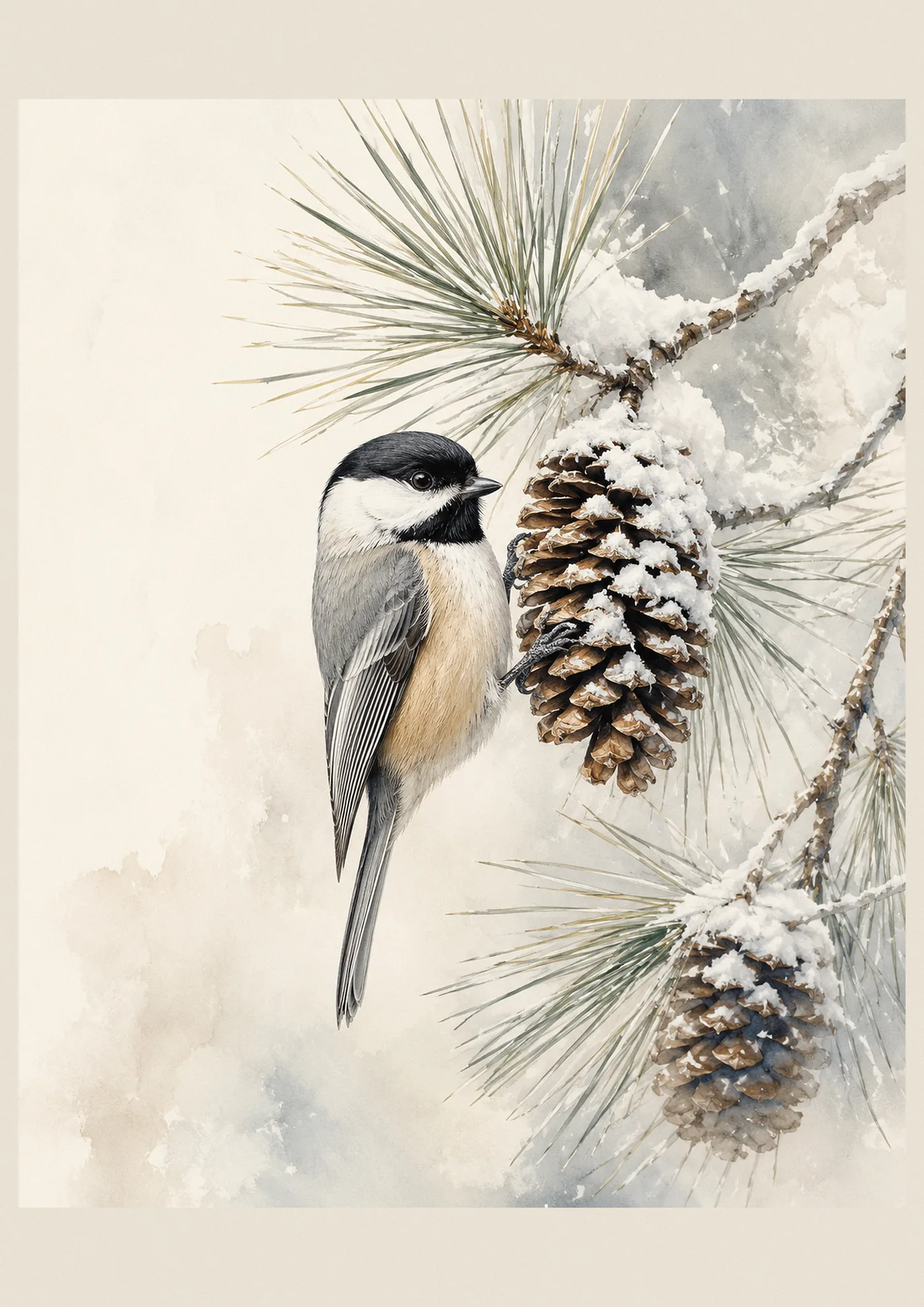 Fine-art plate of a Black-capped Chickadee in a winter pine, in the Audubon style