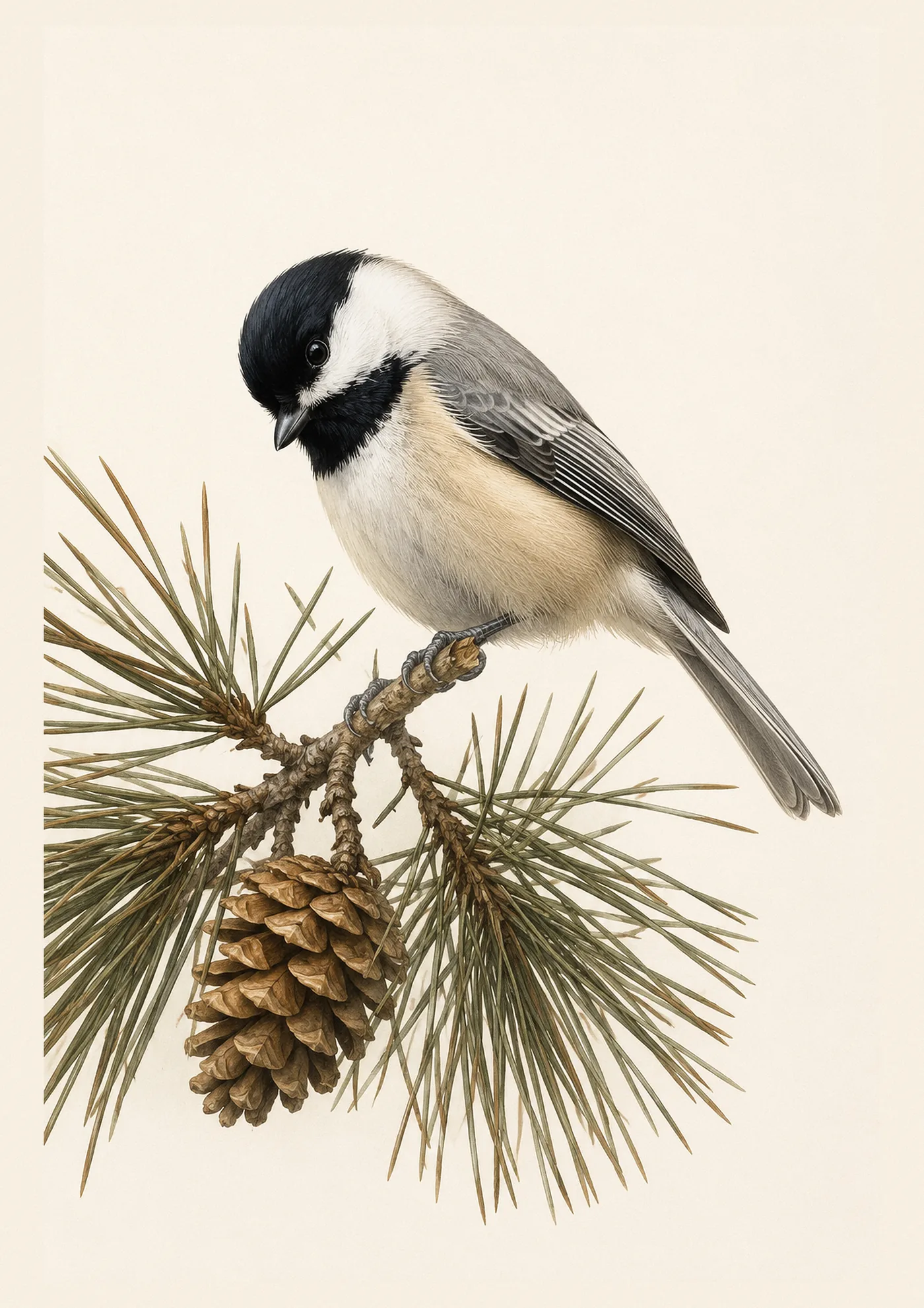 Fine-art print of a Black-capped Chickadee perched on a pine branch, in the Audubon style