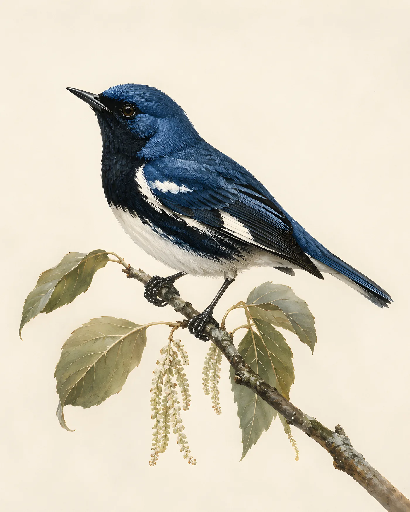 Fine-art Black-throated Blue Warbler print in the Audubon style