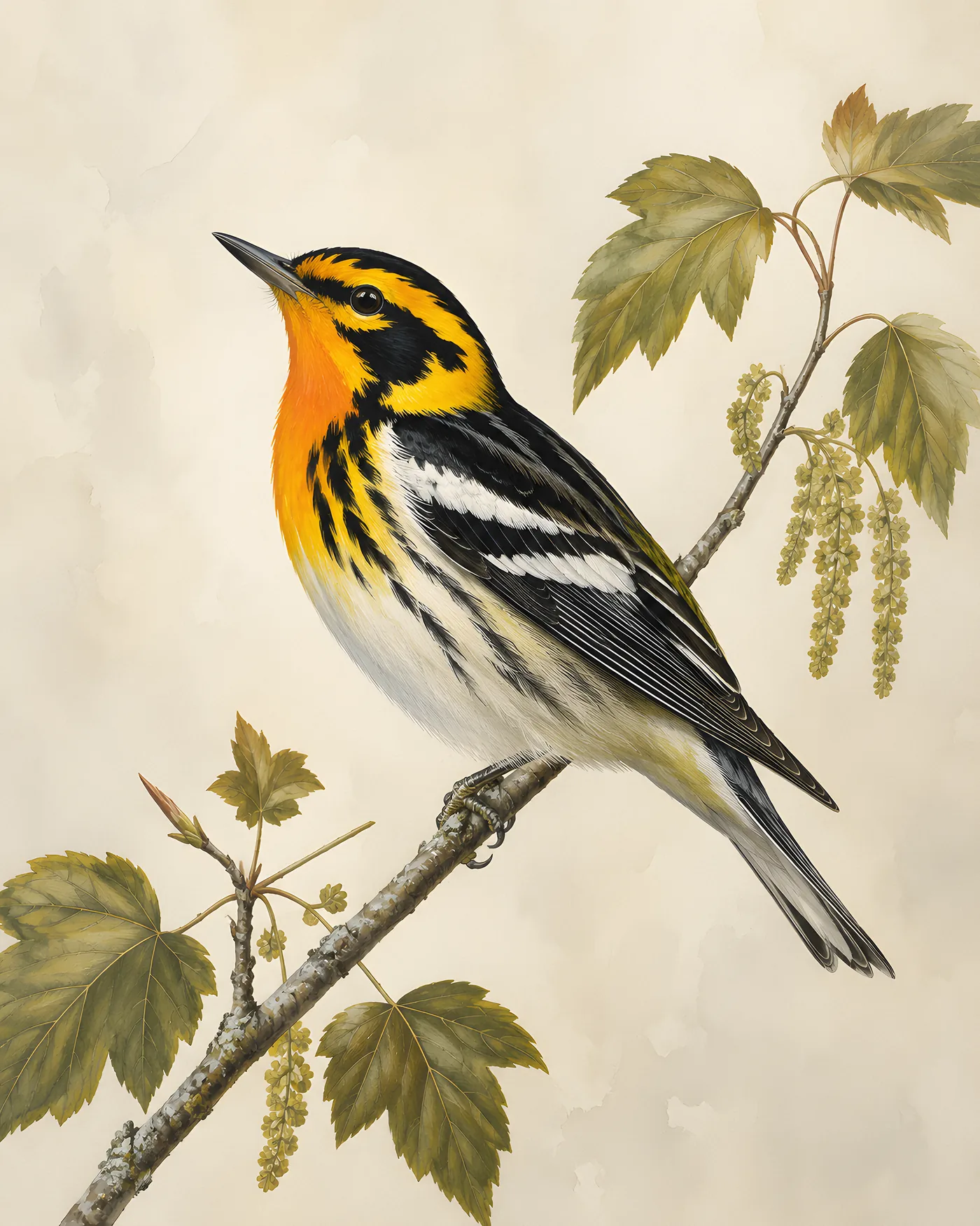 Fine-art Blackburnian Warbler print in the Audubon style