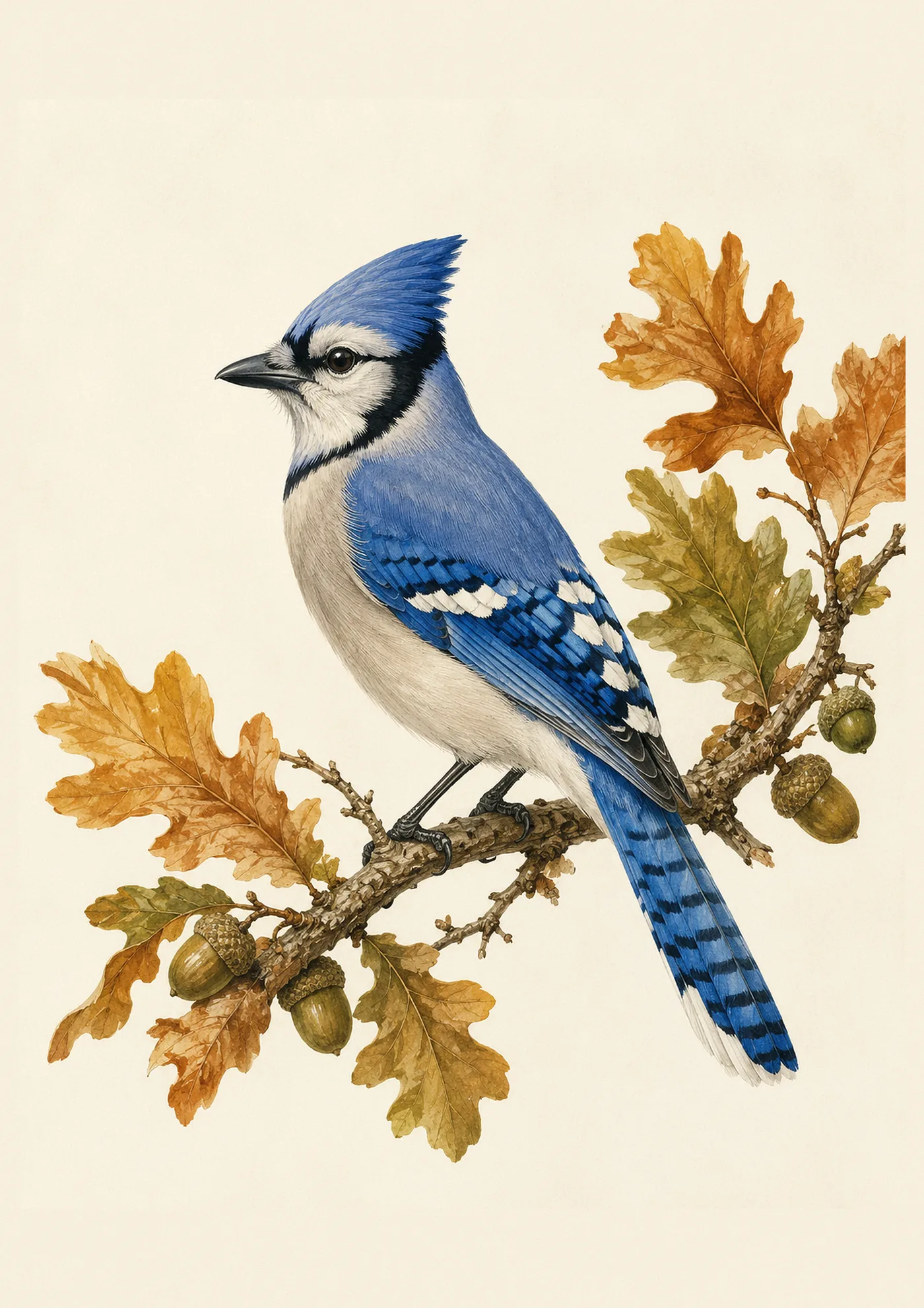 Audubon-style fine-art print of a Blue Jay perched on an autumn oak branch