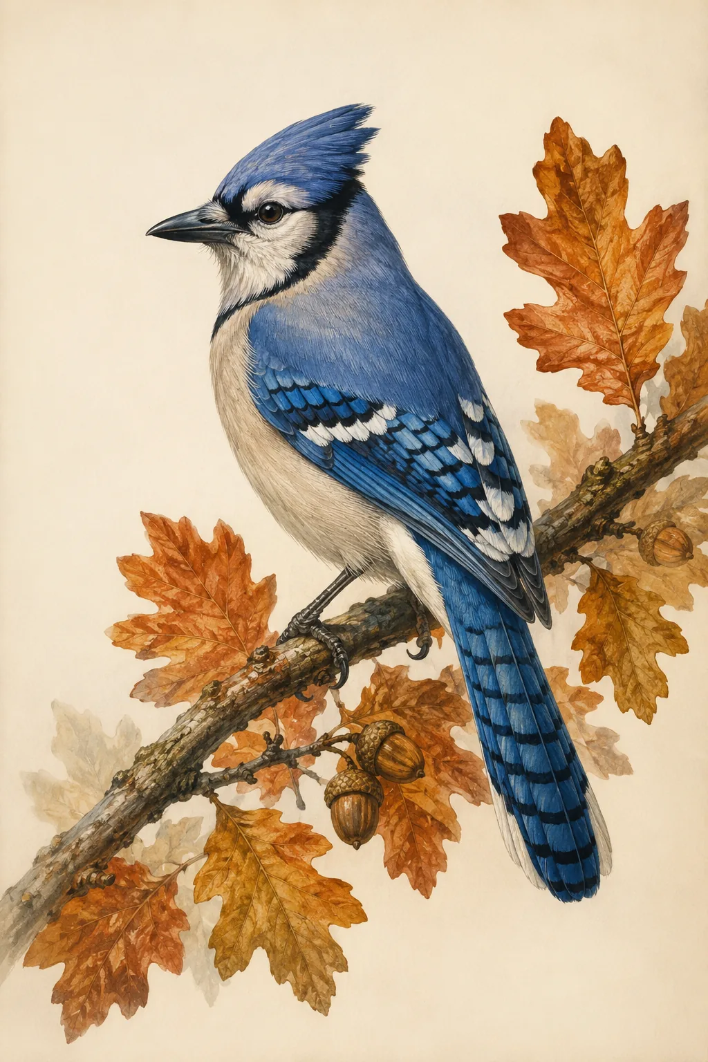 Fine-art plate of a Blue Jay, crest raised, blue and black barring, in the Audubon style