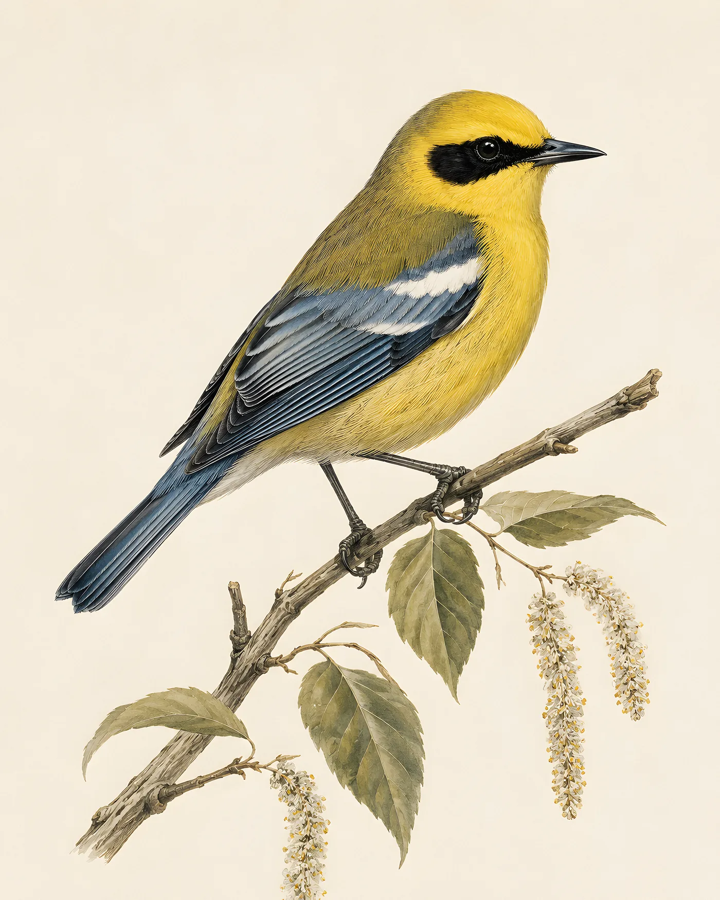 Fine-art Blue Winged Warbler print in the Audubon style