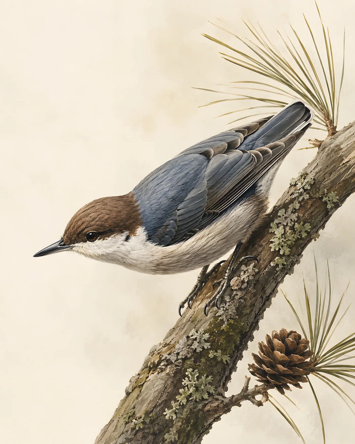 Fine-art Brown-headed Nuthatch print in the Audubon style