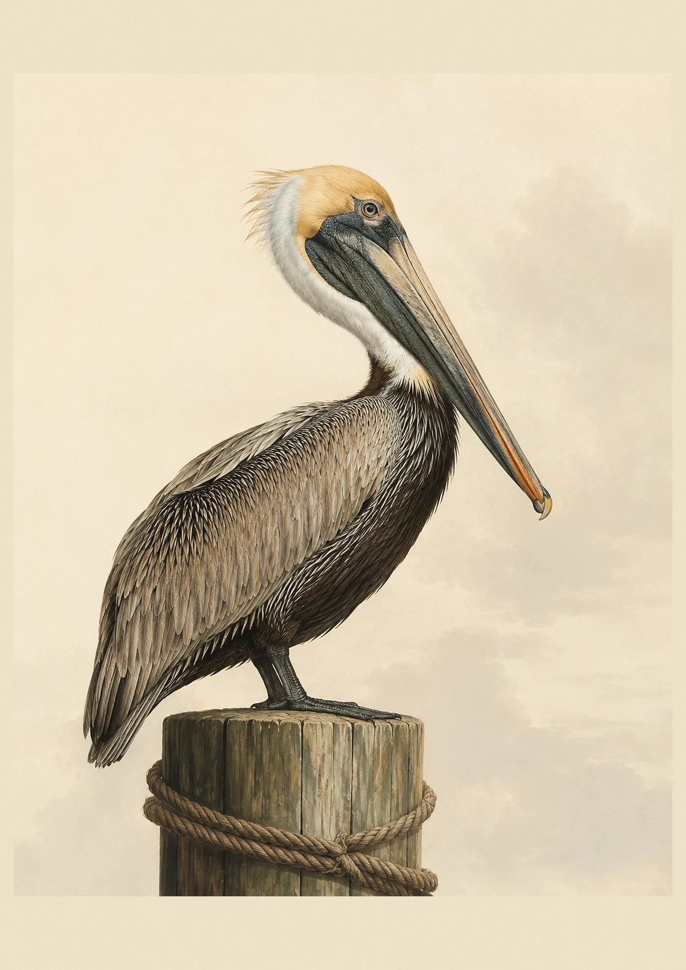Audubon-style fine-art print of a Brown Pelican perched on a weathered harbour piling