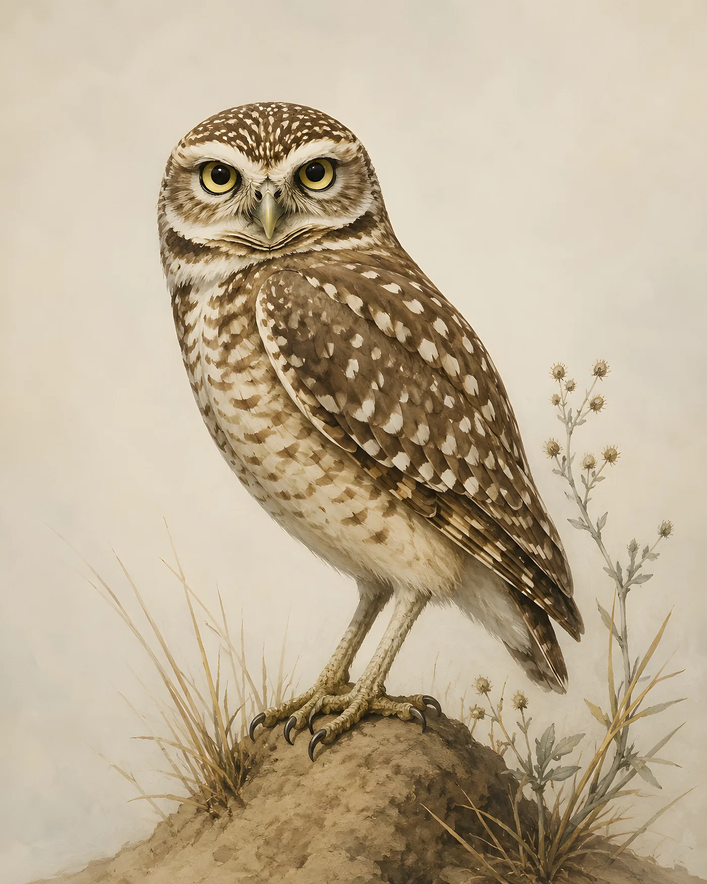 Fine-art Burrowing Owl print in the Audubon style