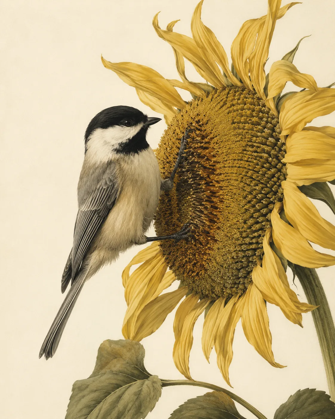 Audubon-style fine-art print of a Carolina Chickadee perched at a sunflower head