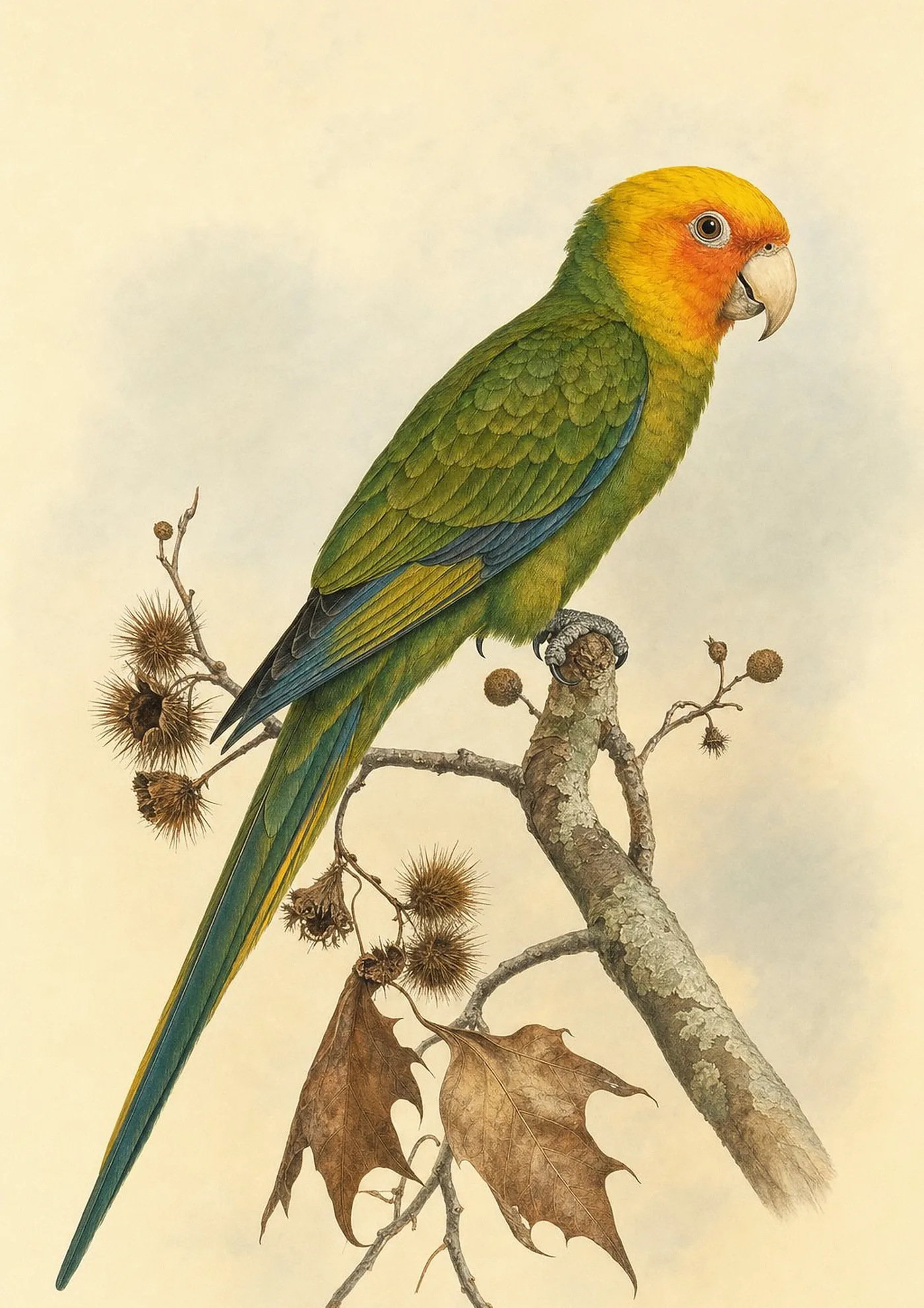 Fine-art plate of a Carolina Parakeet with green body and orange-yellow head, perched and calling, in the Audubon style