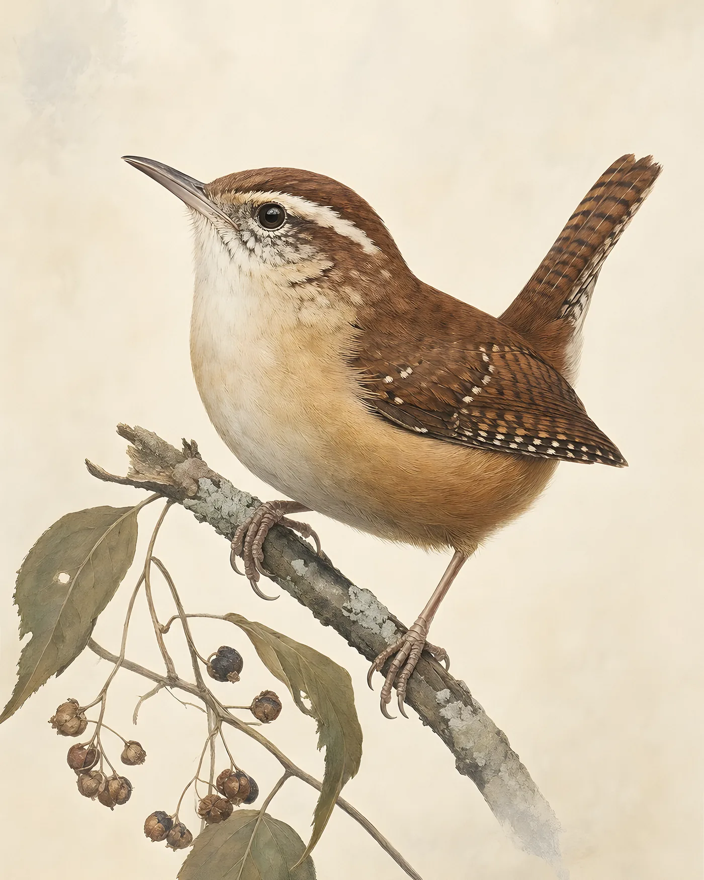 Fine-art Carolina Wren print in the Audubon style