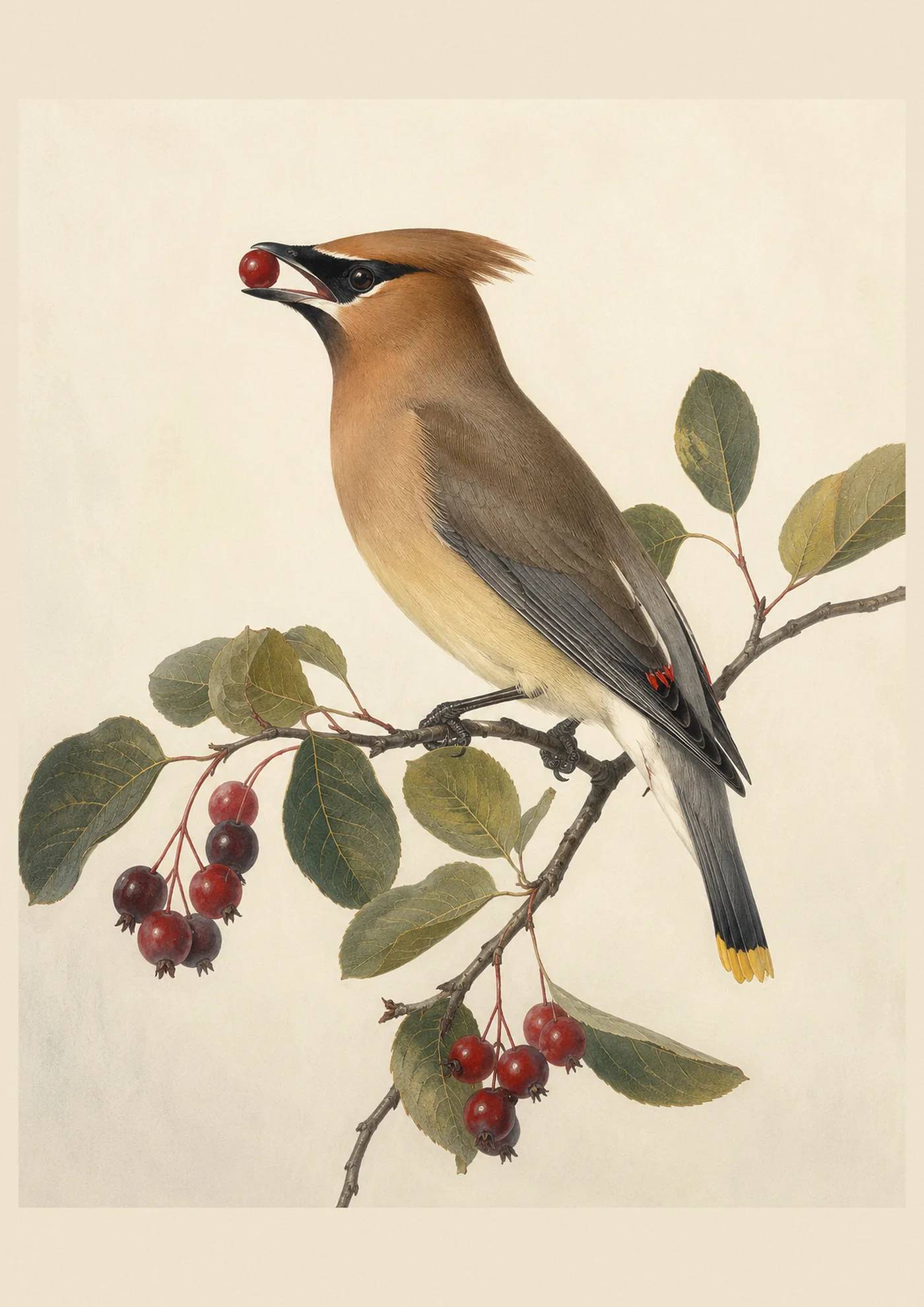 Audubon-style fine-art print of a Cedar Waxwing perched on a berry branch