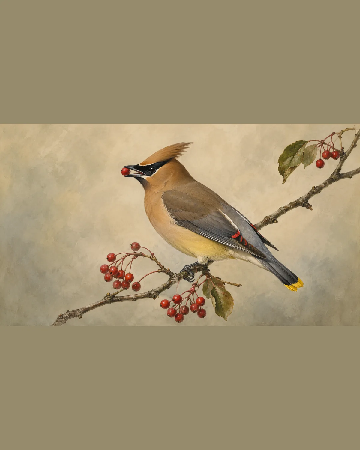 Fine-art plate of a Cedar Waxwing taking a berry on a branch, sleek crest and black mask, in the Audubon style