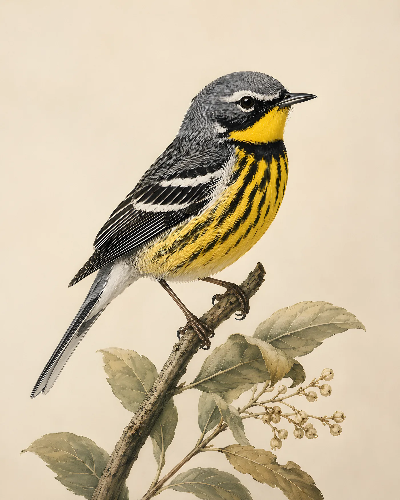Fine-art Colima Warbler print in the Audubon style