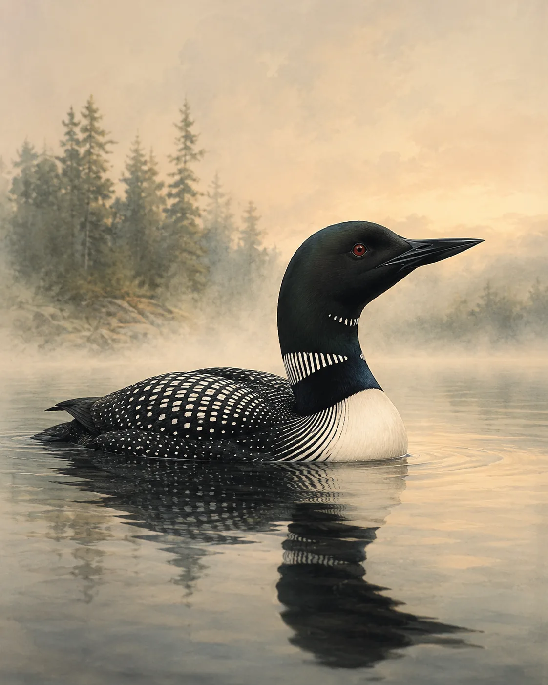 Fine-art print of a Common Loon on a misty lake, Audubon-style