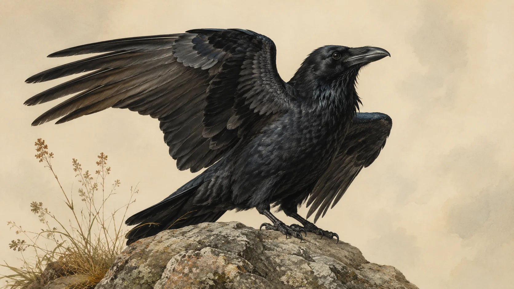 Fine-art plate of a Common Raven, glossy black with a heavy bill and shaggy throat, in the Audubon style