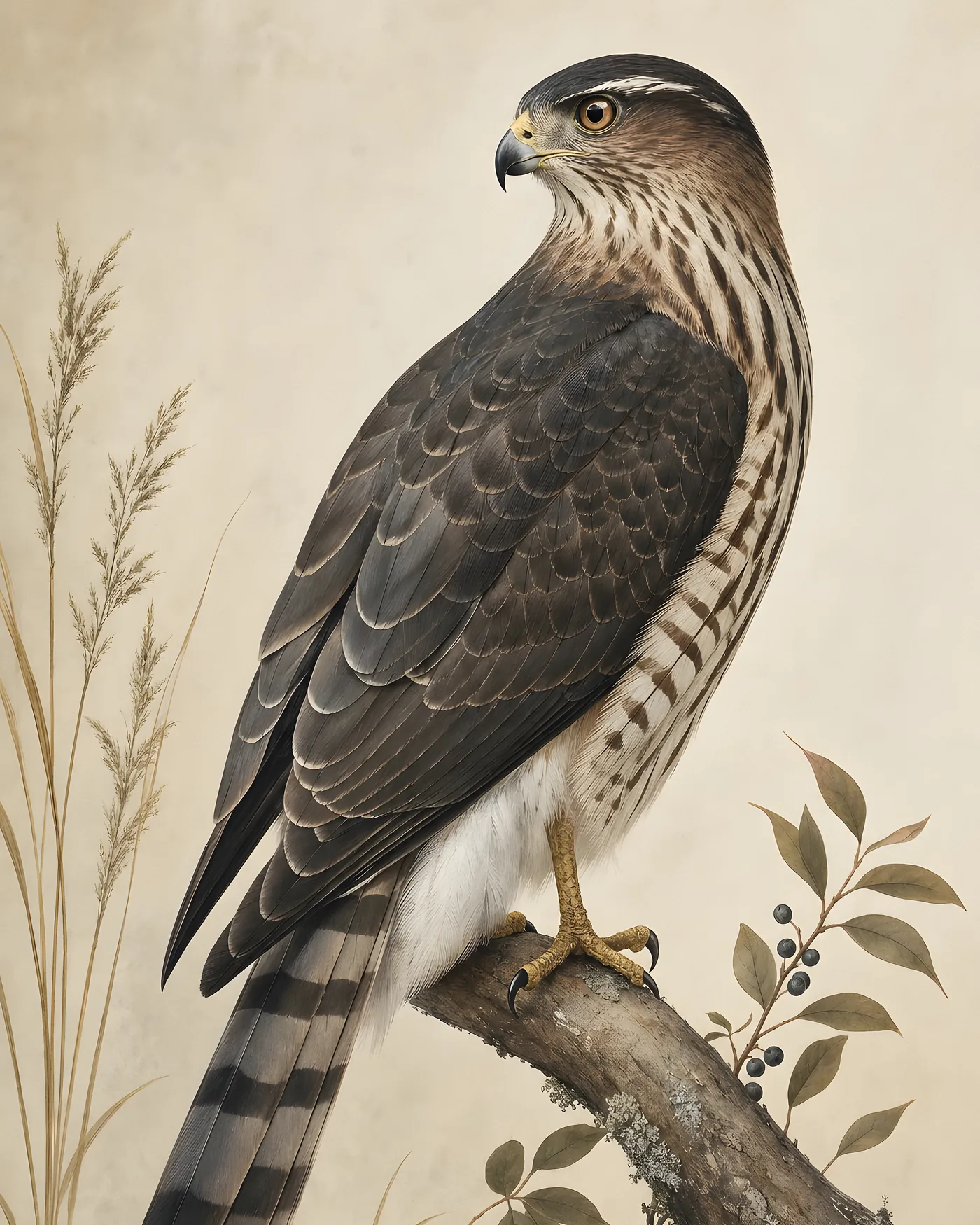 Fine-art Cooper's Hawk print in the Audubon style