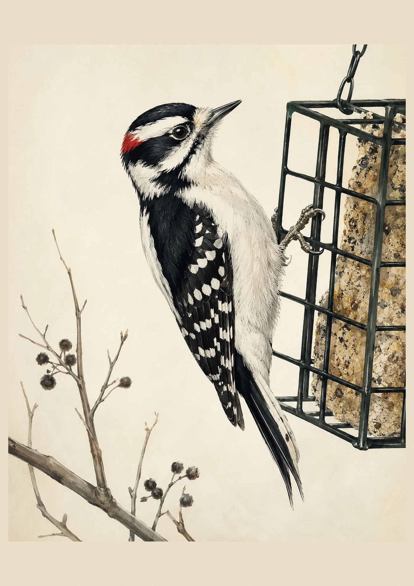 Audubon-style fine-art print of a Downy Woodpecker clinging to a suet feeder