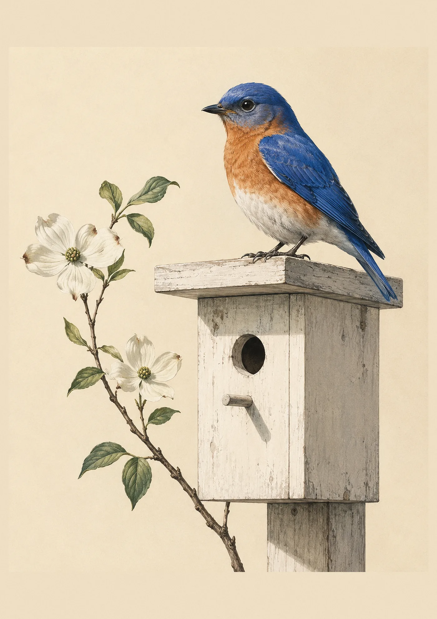 Audubon-style fine-art print of a male Eastern Bluebird perched at a nest box