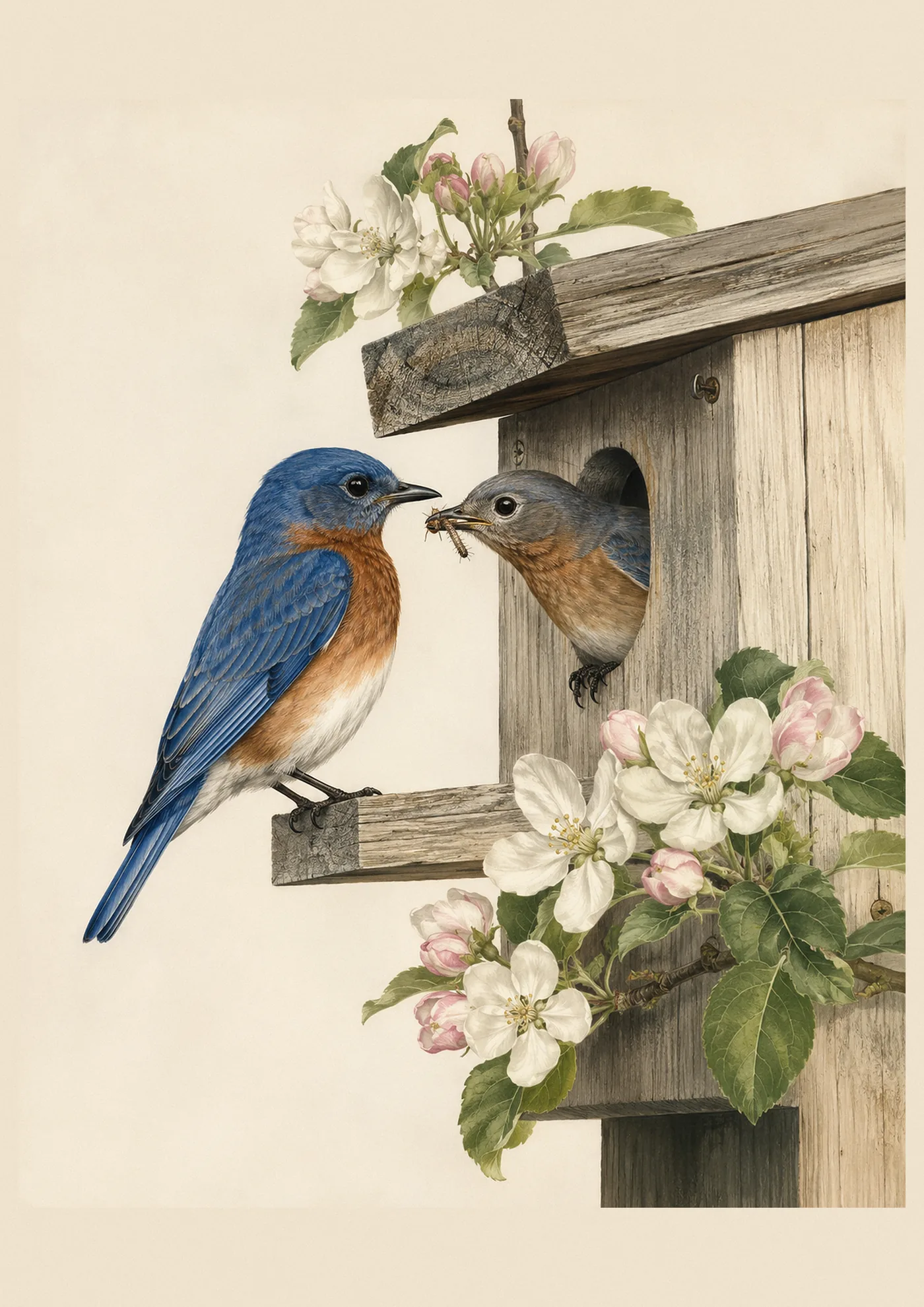 Audubon-style fine-art print of a pair of Eastern Bluebirds at their nest
