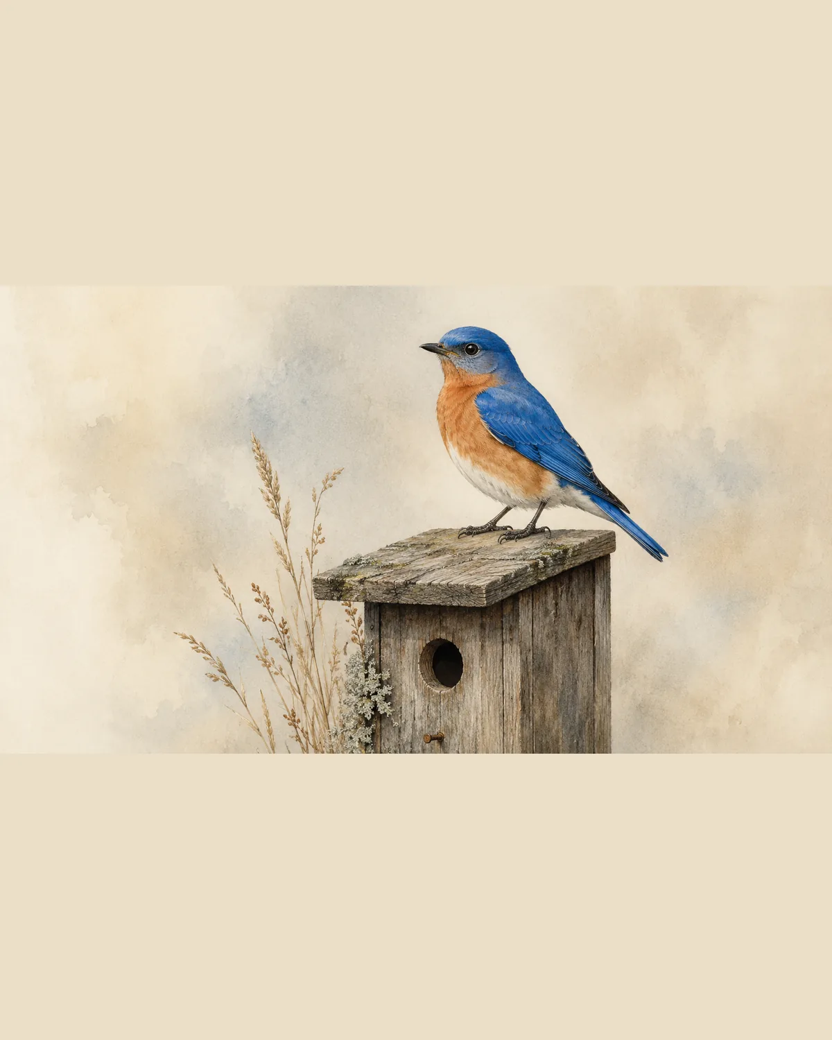 Fine-art plate of an Eastern Bluebird at a nest box, blue back and rust breast, in the Audubon style