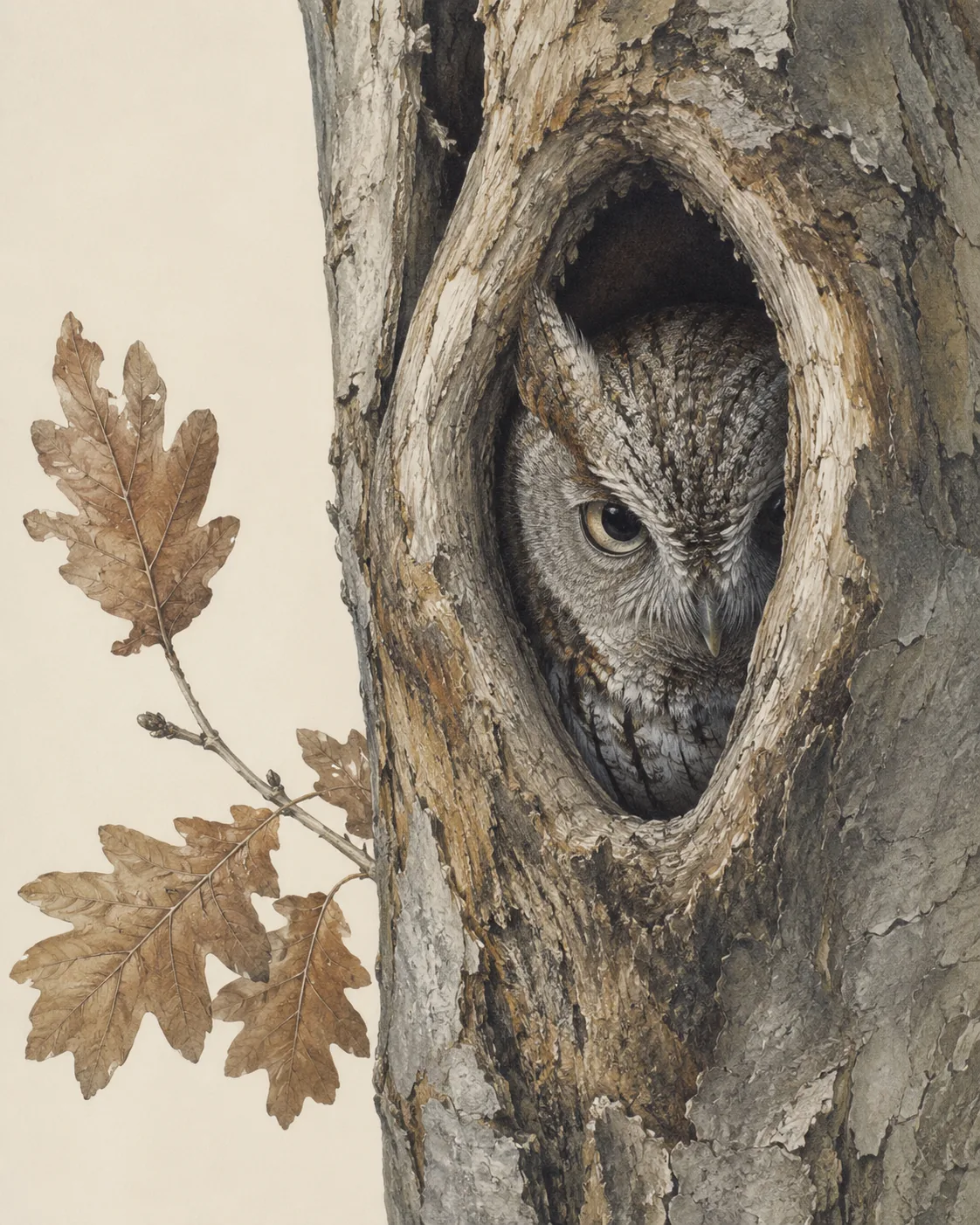 Audubon-style fine-art print of an Eastern Screech-Owl resting in a tree hollow