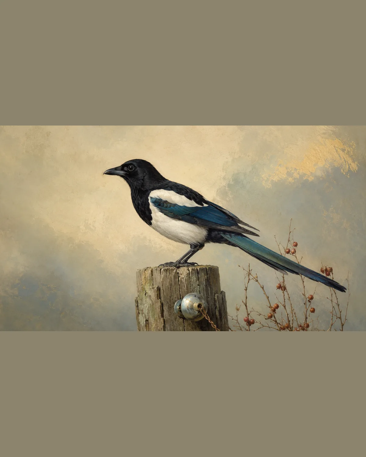 Fine-art plate of a Eurasian Magpie on a fence post, black-and-white with iridescent blue, in the Audubon style