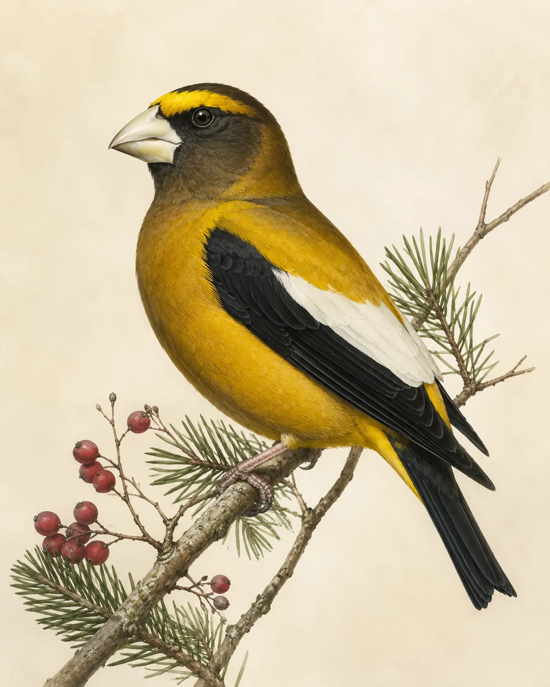 Fine-art plate of a male Evening Grosbeak on a pine branch with berries, heavy pale bill and yellow brow, in the Audubon style