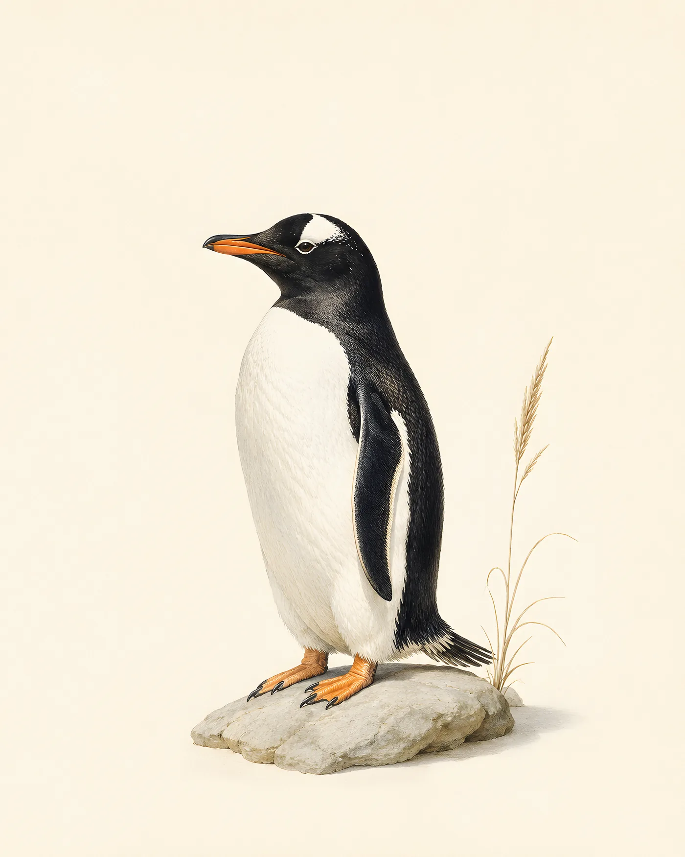 Gentoo Penguin on a pebble nest, white bonnet patch above the eyes and bright orange bill catching the southern light, in the tradition of Audubon