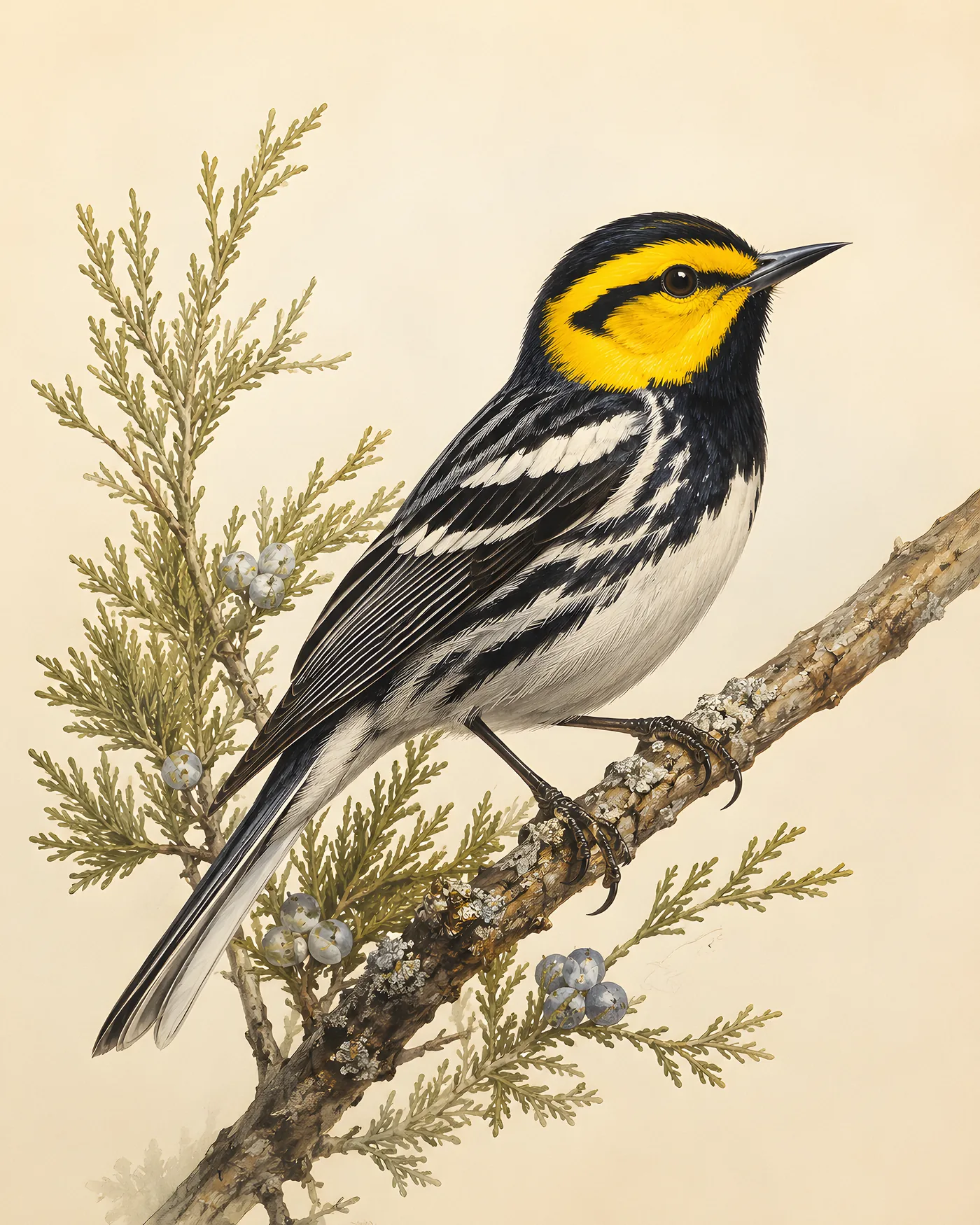 Fine-art Golden Cheeked Warbler print in the Audubon style