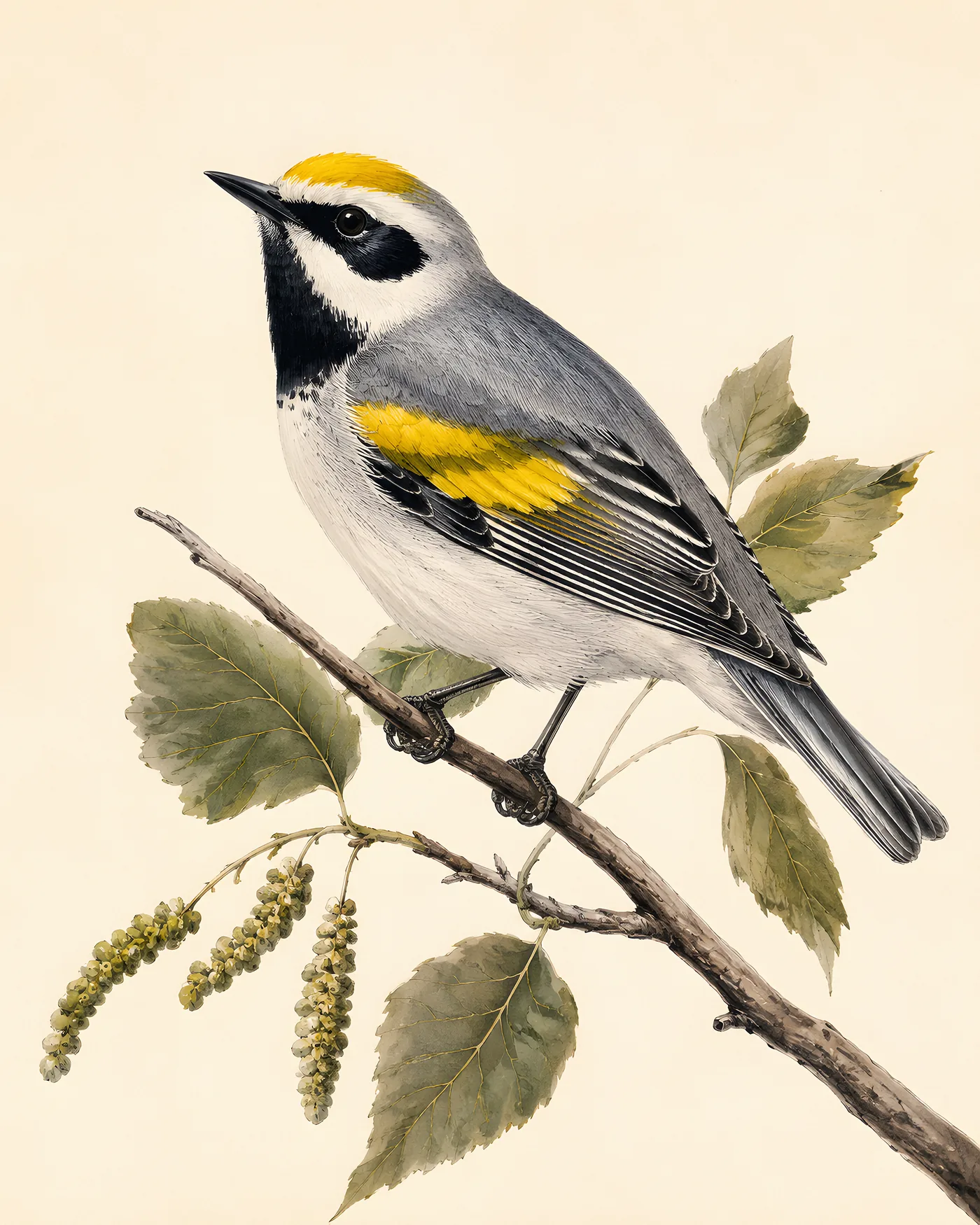Fine-art Golden Winged Warbler print in the Audubon style