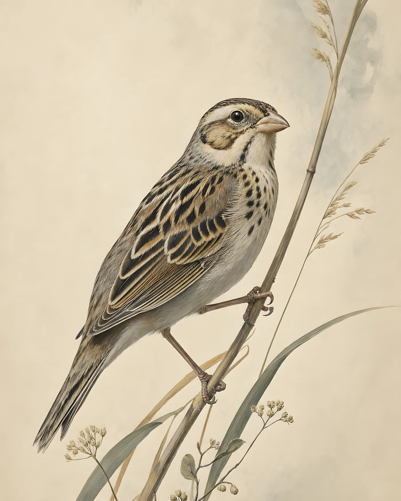 Fine-art Grasshopper Sparrow print in the Audubon style