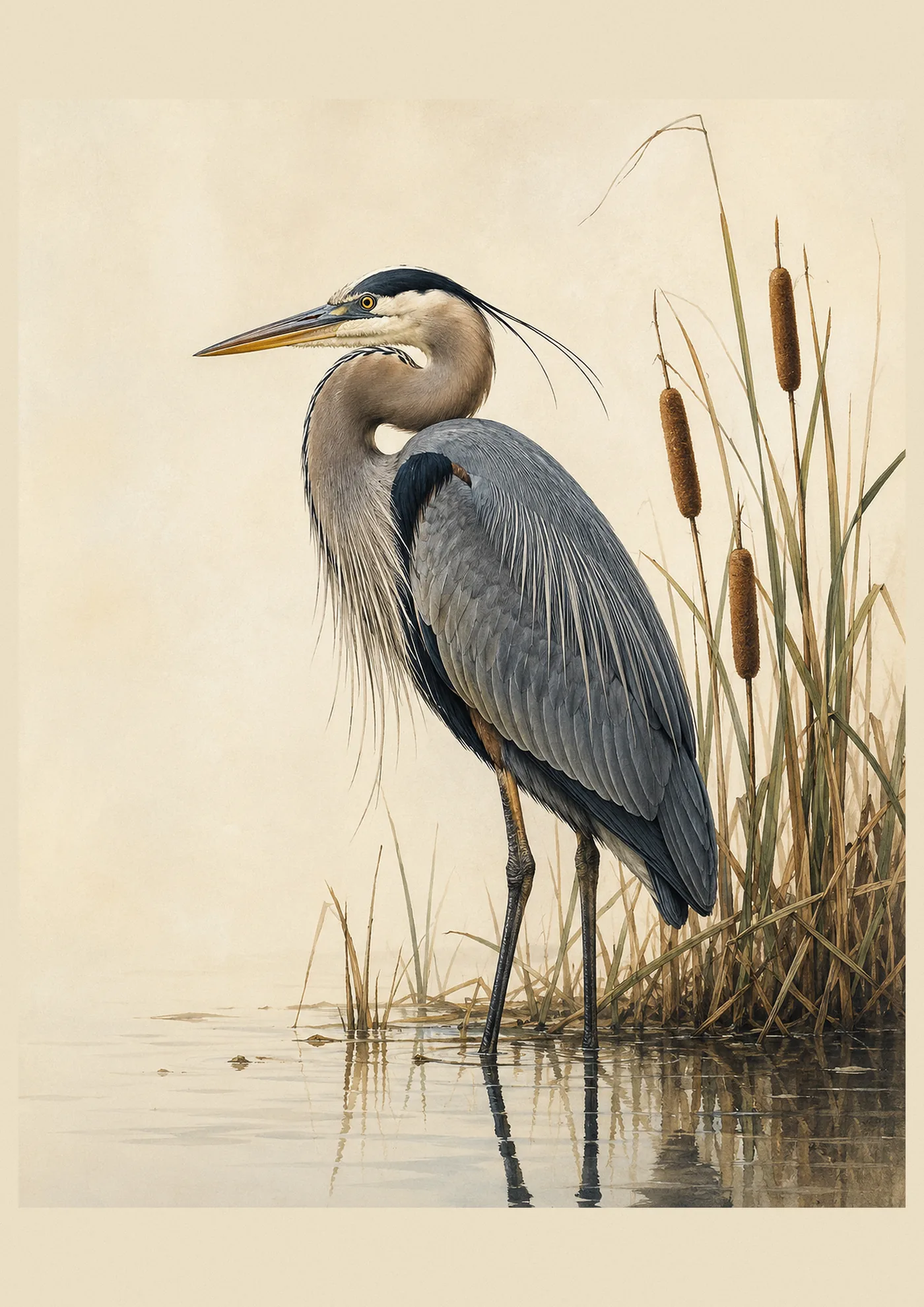 Audubon-style fine-art print of a Great Blue Heron standing at the water's edge