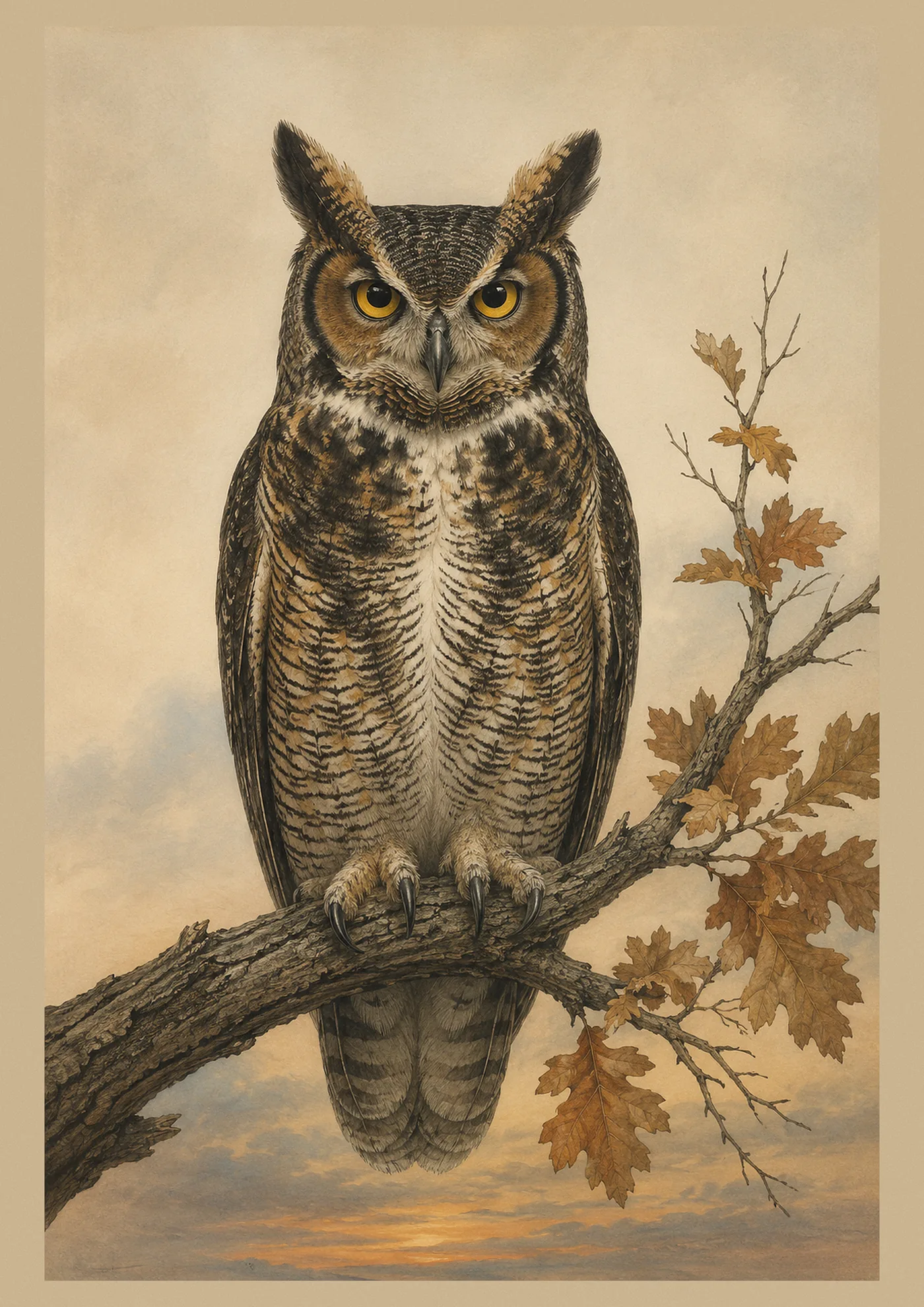 Audubon-style fine-art print of a Great Horned Owl perched at dusk