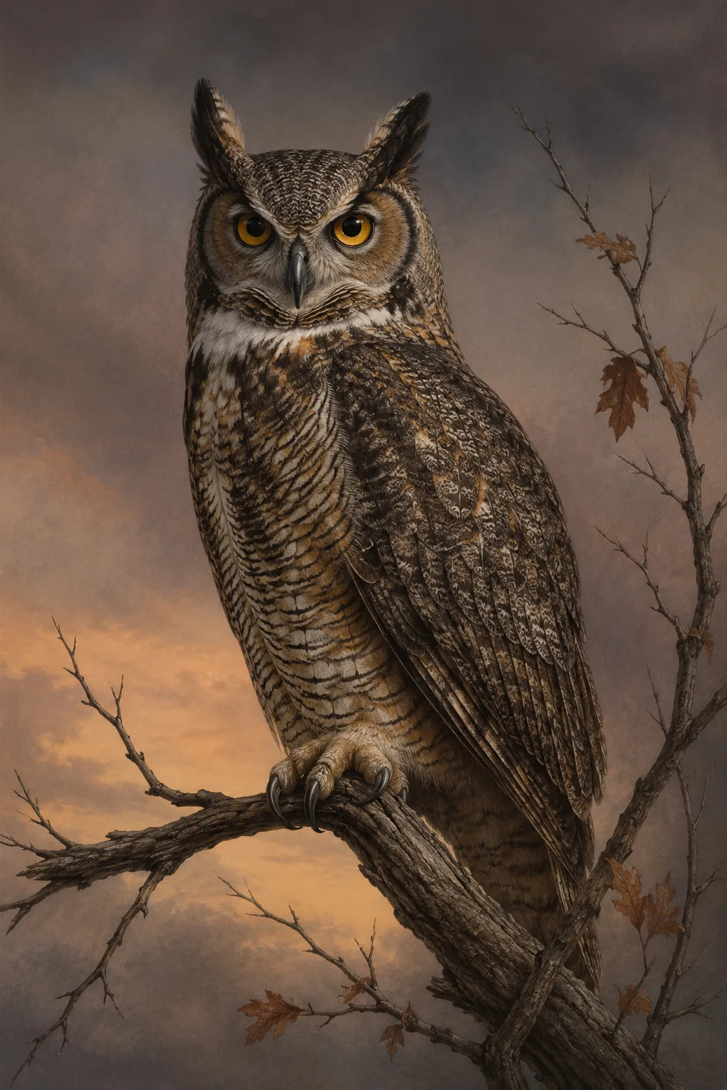Fine-art plate of a Great Horned Owl perched at dusk, ear tufts raised, in the Audubon style