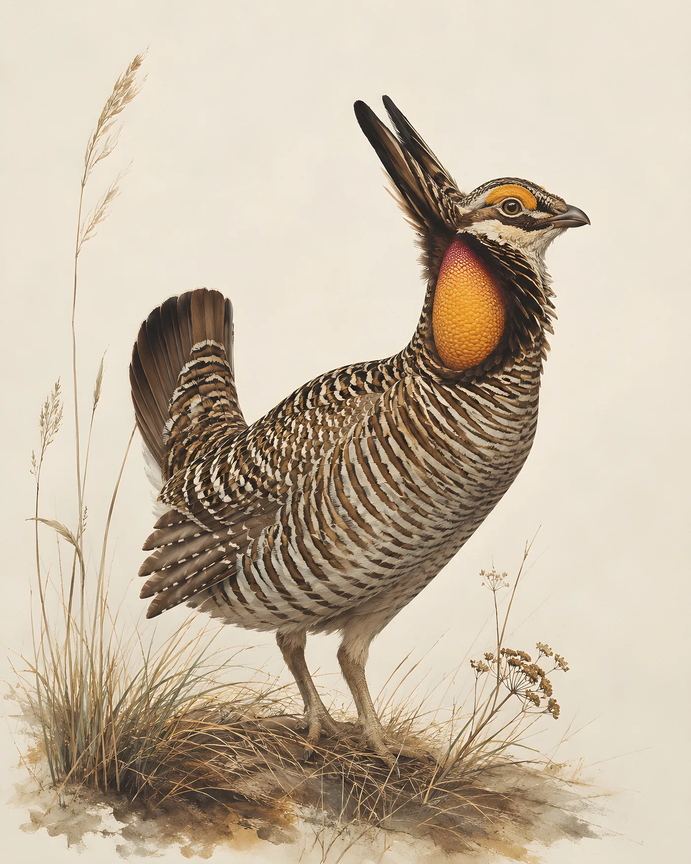 Fine-art Greater Prairie Chicken print in the Audubon style