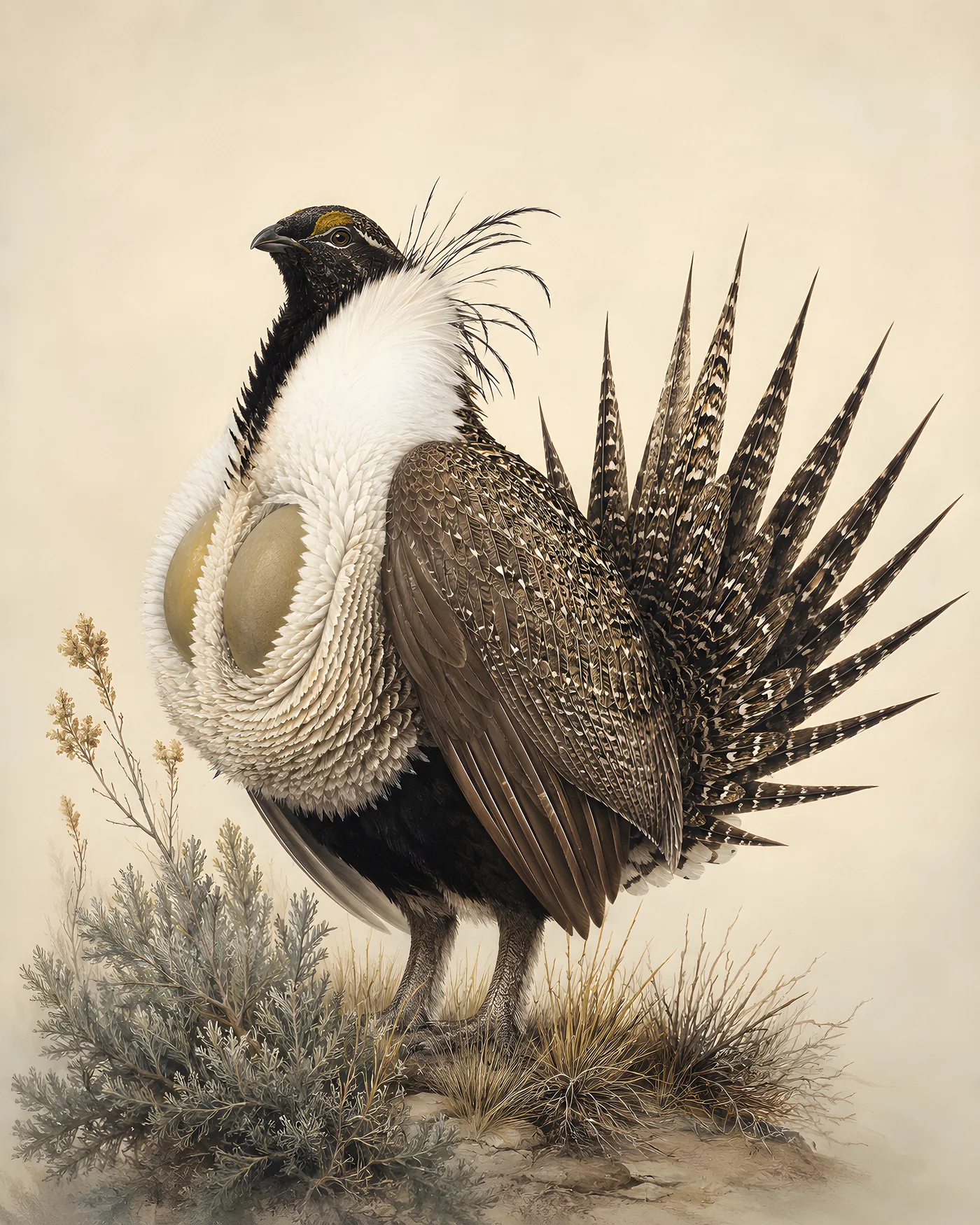 Fine-art Greater Sage Grouse print in the Audubon style