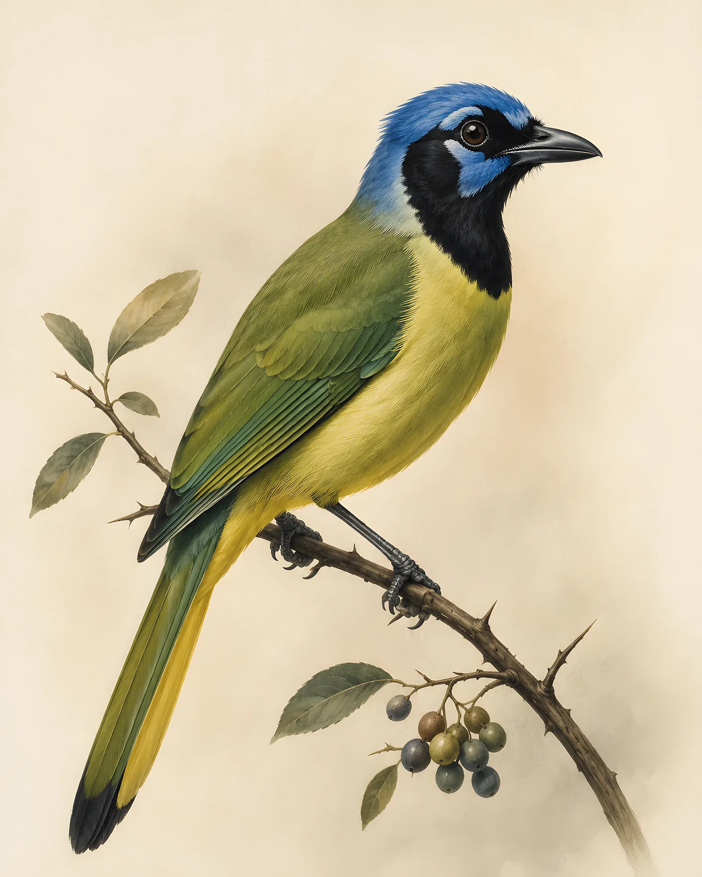 Fine-art Green Jay print in the Audubon style