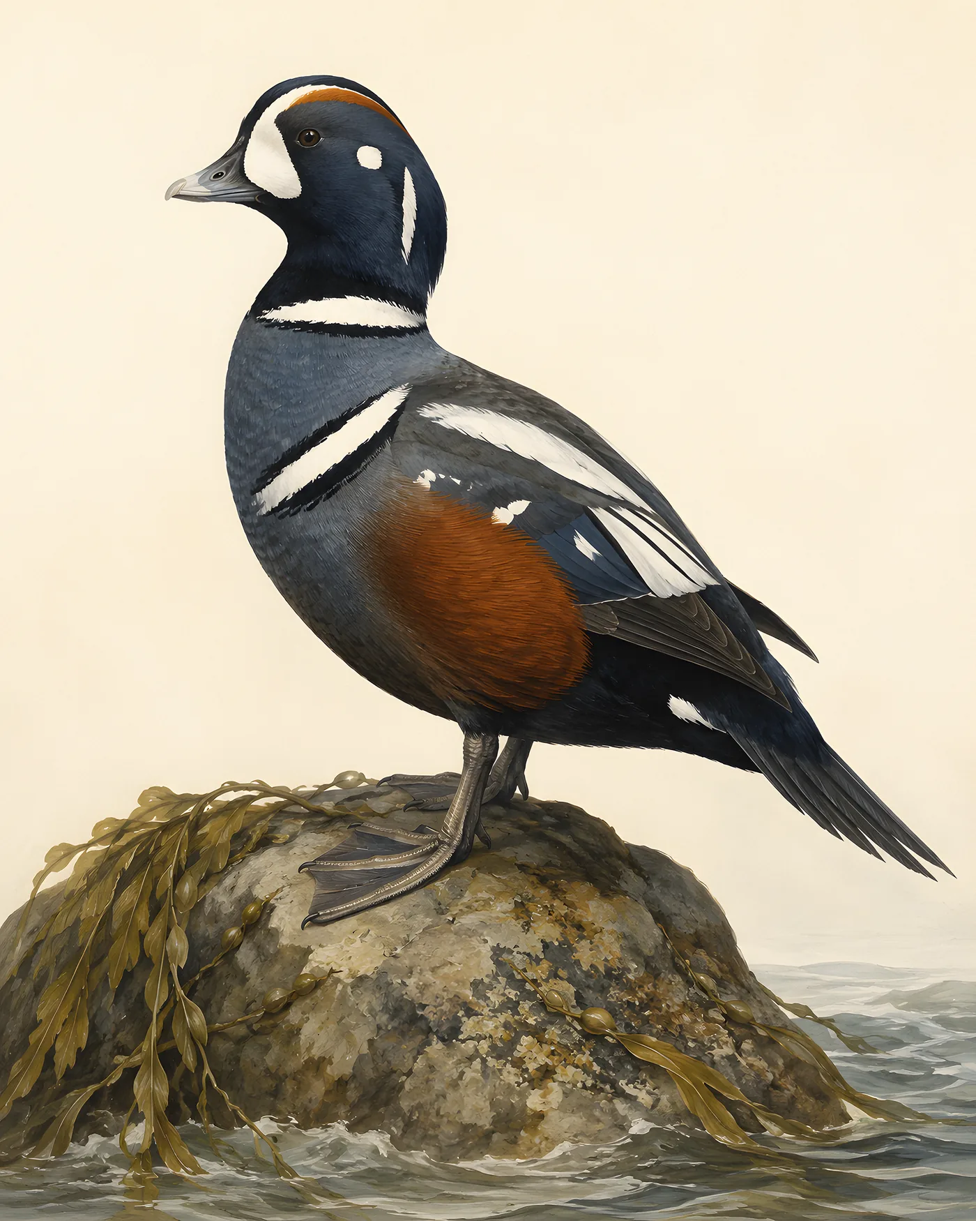 Fine-art Harlequin Duck print in the Audubon style
