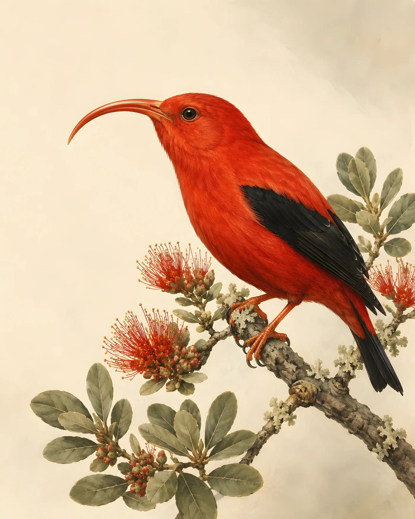 Fine-art Hawaiian Honeycreeper print in the Audubon style