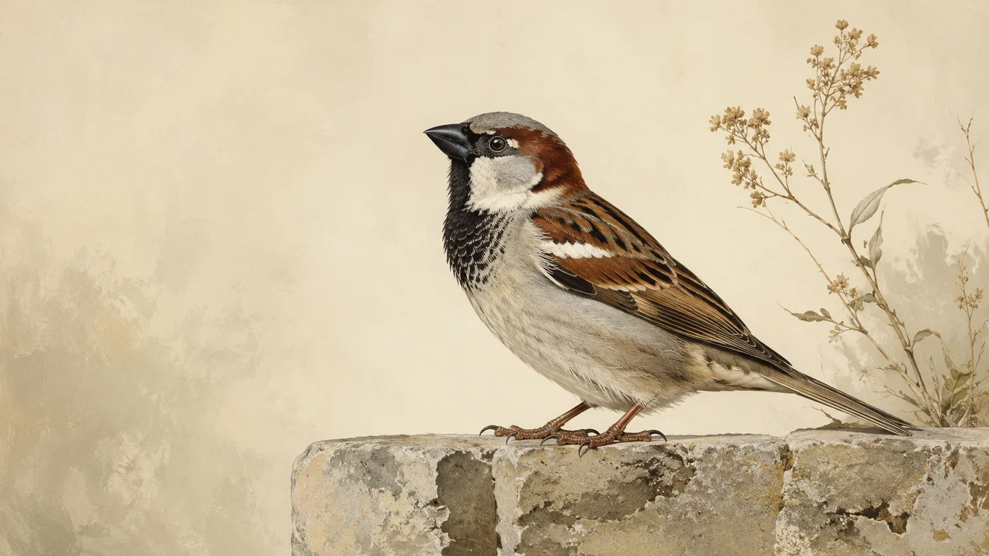House Sparrow male in breeding plumage on a stone wall, in the Audubon style