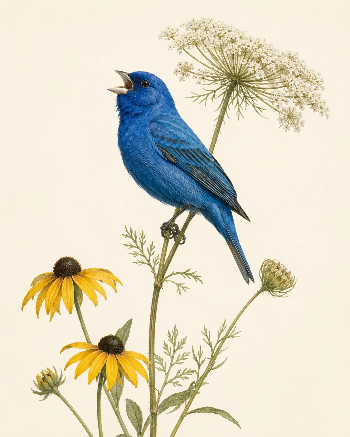 Audubon-style fine-art print of an Indigo Bunting perched on a summer field