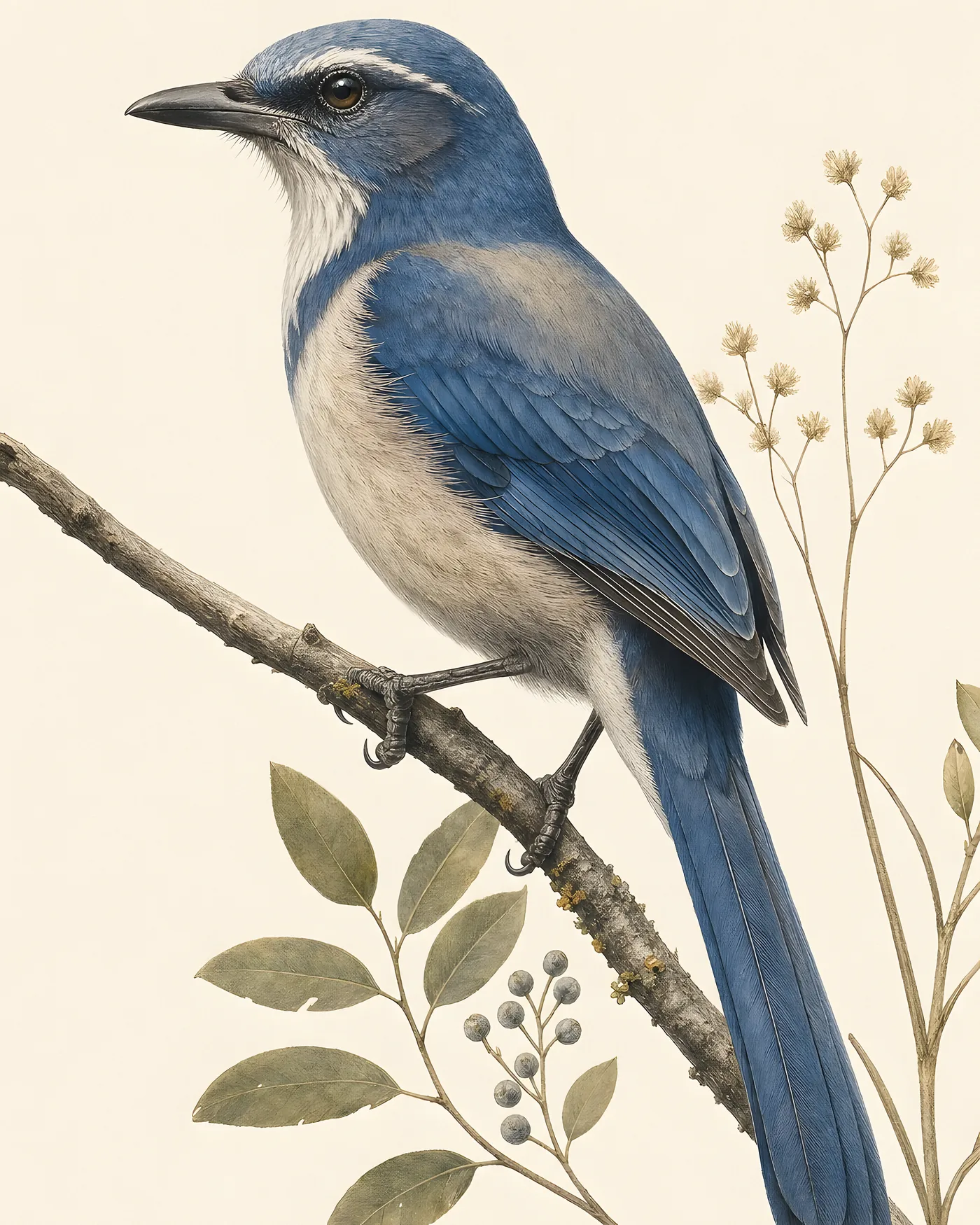 Fine-art Island Scrub Jay print in the Audubon style