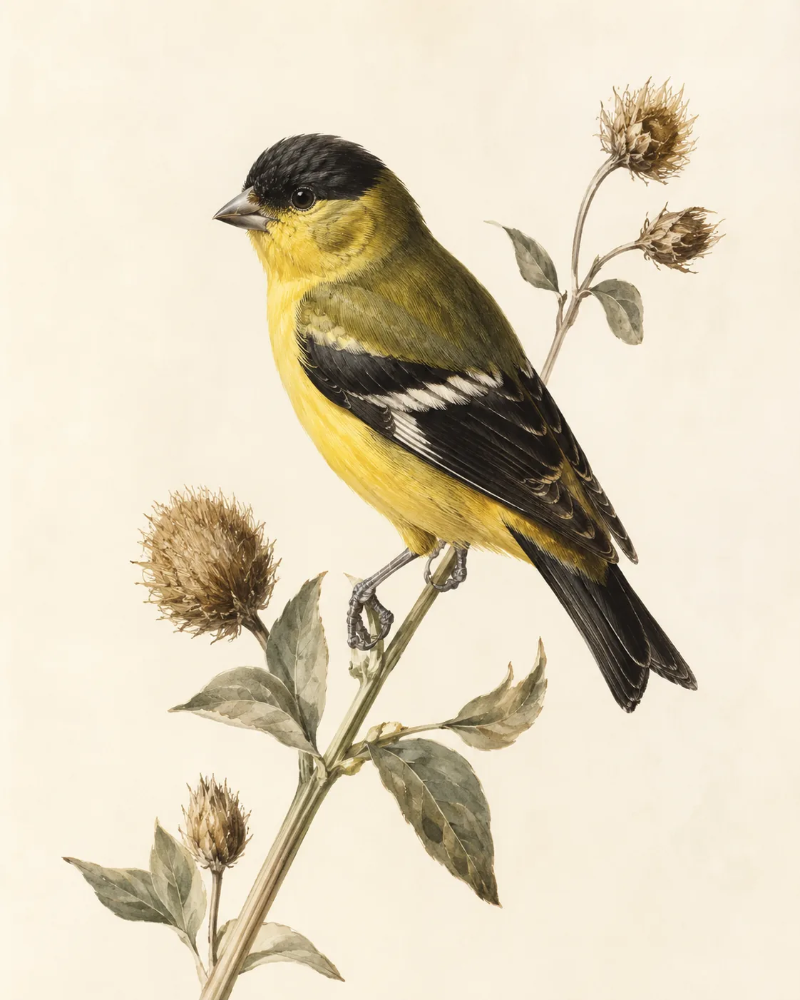 Fine-art plate of a male Lesser Goldfinch on a thistle stem, dark back and yellow underparts, in the Audubon style