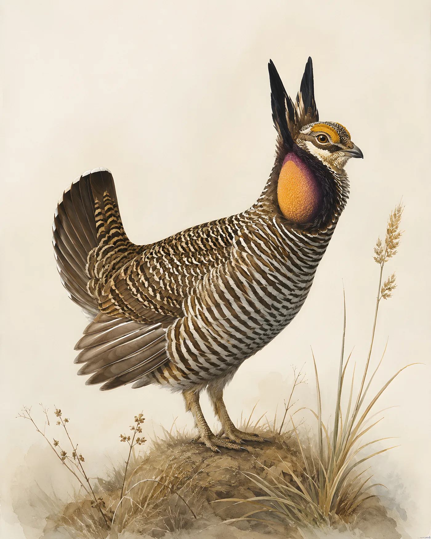 Fine-art Lesser Prairie Chicken print in the Audubon style