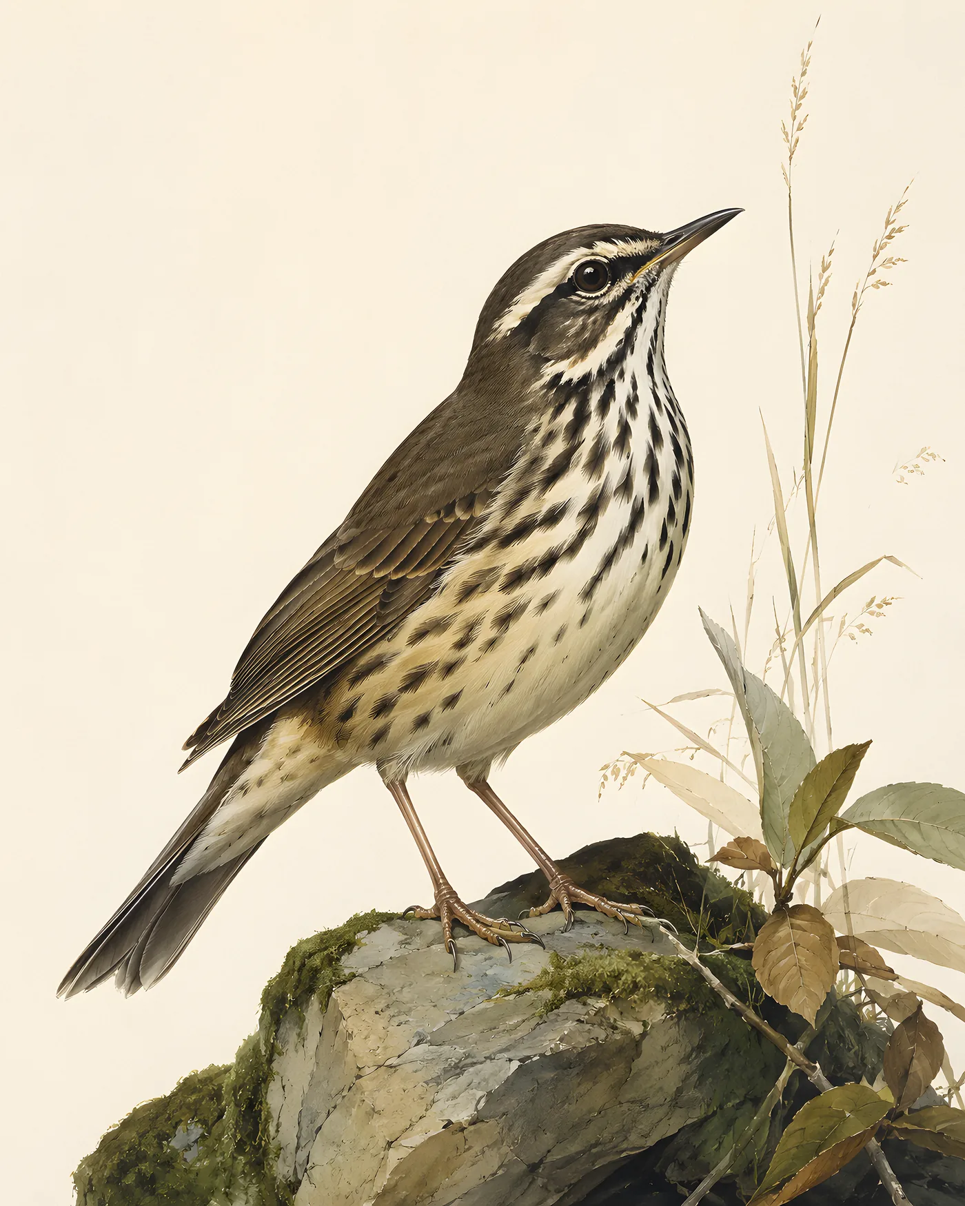Fine-art Louisiana Waterthrush print in the Audubon style