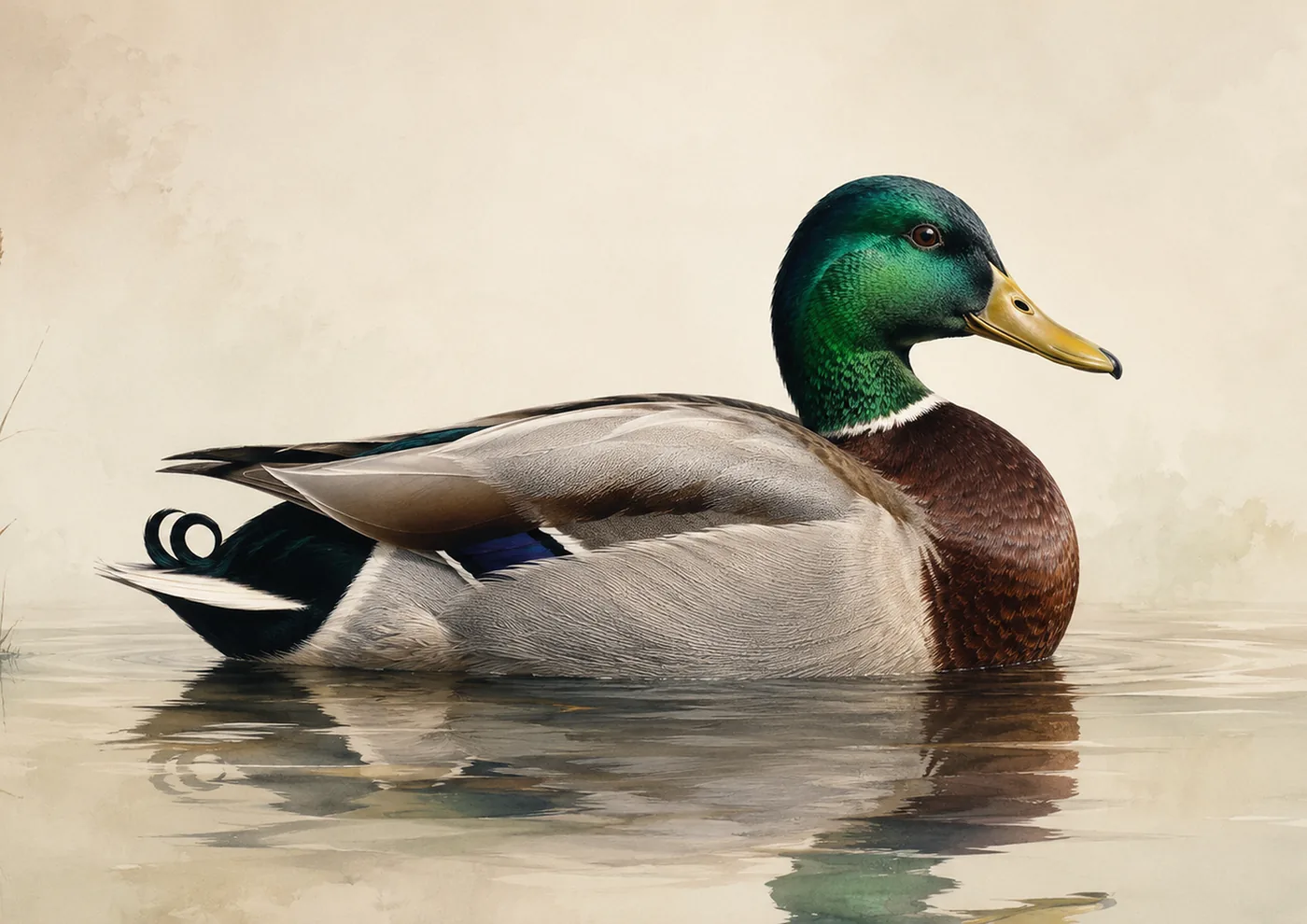 Fine-art plate of a drake Mallard at a reedy water's edge, glossy green head and chestnut breast, in the Audubon style