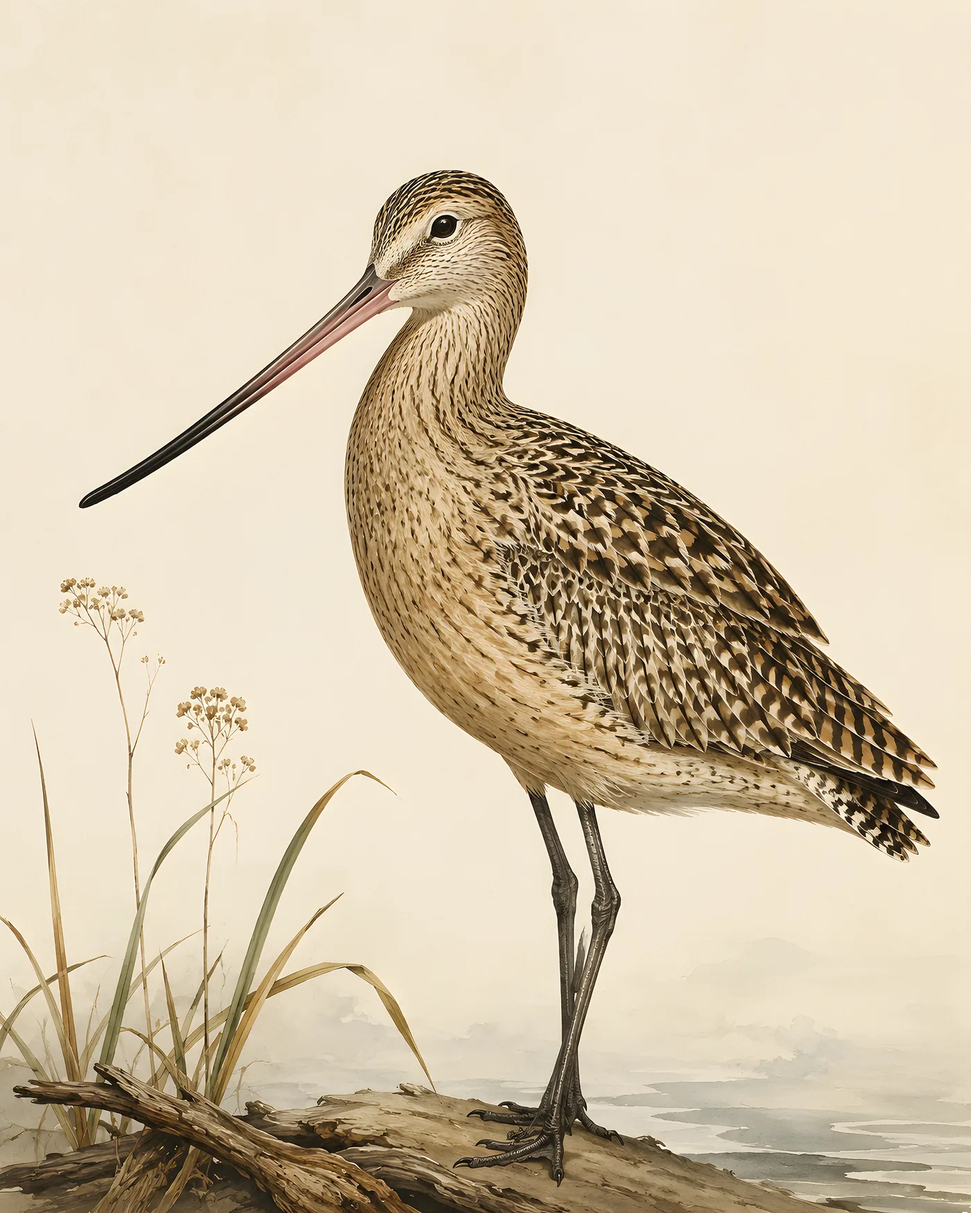 Fine-art Marbled Godwit print in the Audubon style