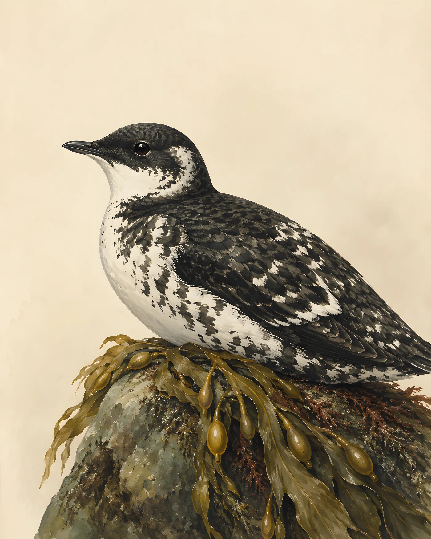 Fine-art Marbled Murrelet print in the Audubon style