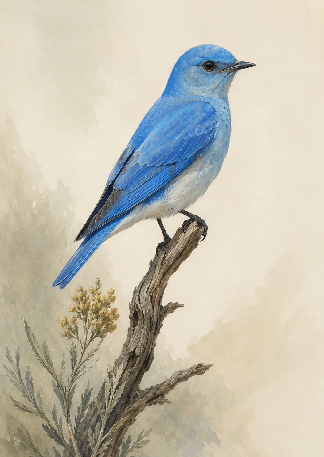 Audubon-style fine-art print of a male Mountain Bluebird perched on sagebrush