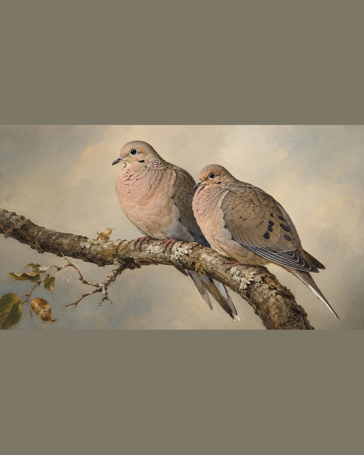 Fine-art plate of a pair of Mourning Doves on a branch, soft fawn-grey, in the Audubon style