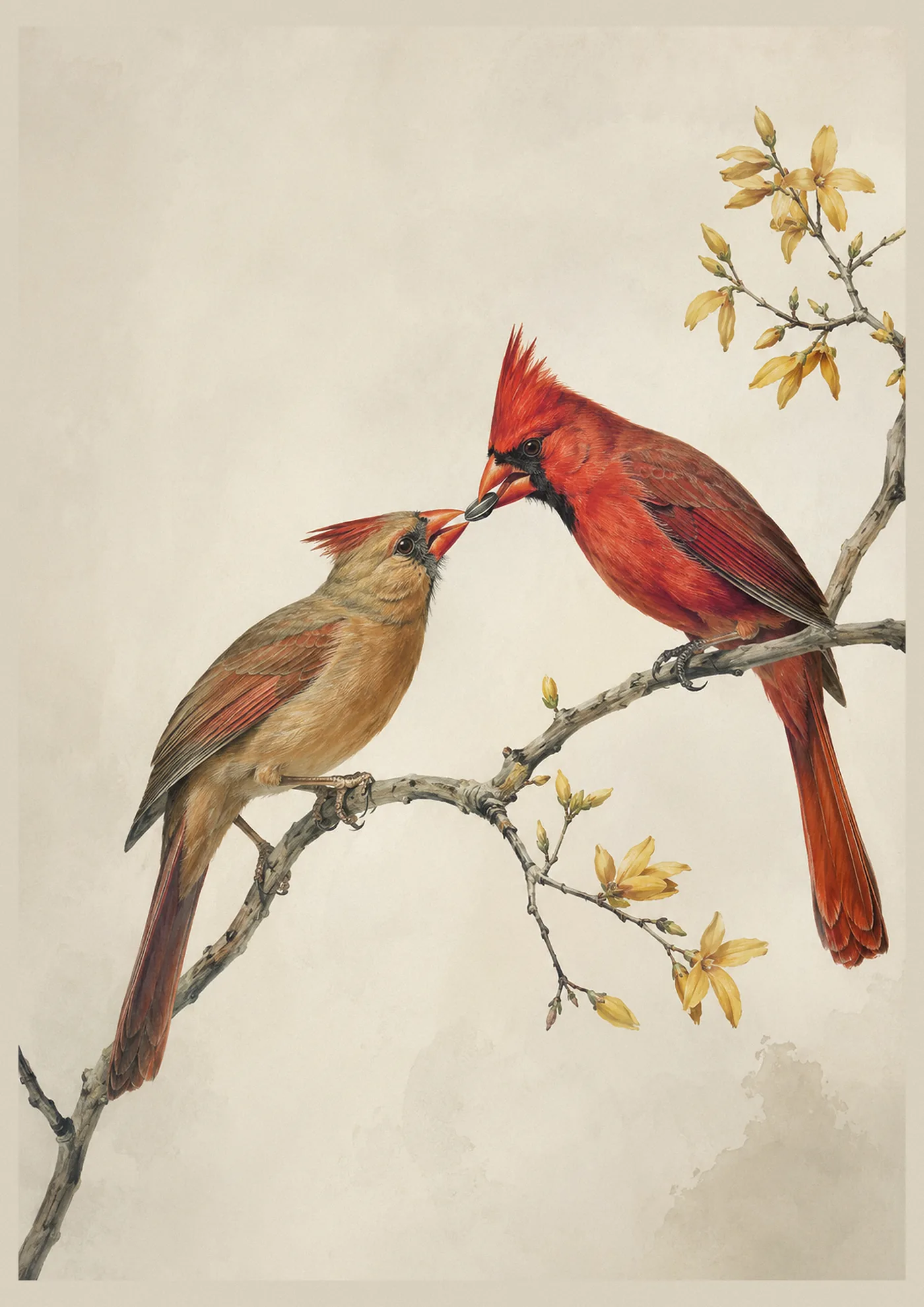 Audubon-style fine-art print of a male Northern Cardinal courtship-feeding a female on a winter branch